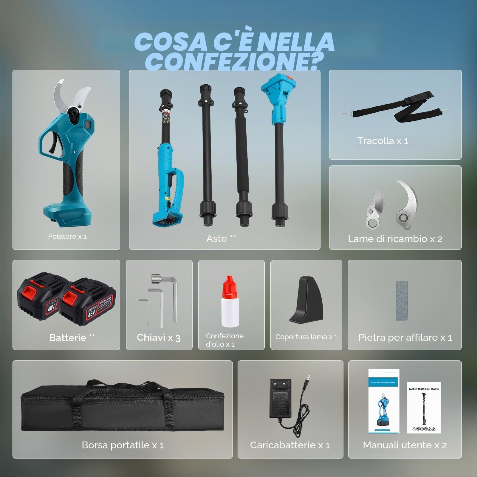 Forbici Potatura a Batteria con Asta,Con asta telescopica da 233 cm Due batterie da 3000 mAh Lama in Acciaio al Carbonio SK5 per Rami Alberi Giardini Electric Pruning shears