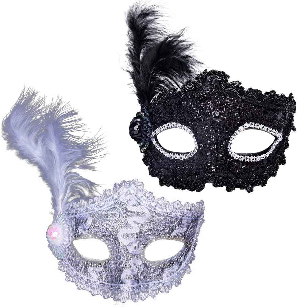 AISHNAMasquerade Masks, 2 Pcs Party Mask Halloween Dress Up Mardi Gras Mask