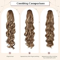 Vista 4 de Extensiones de cabello sintético ondulado con cordón para cola de caballo de 26 pulgadas, para mujer, castaño medio ceniza, rubio ceniza