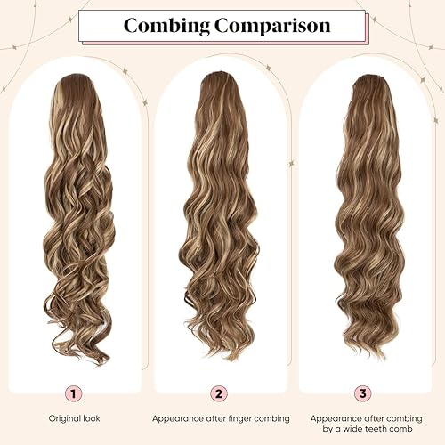 Miniatura 4 de Extensiones de cabello sintético ondulado con cordón para cola de caballo de 26 pulgadas, para mujer, castaño medio ceniza, rubio ceniza