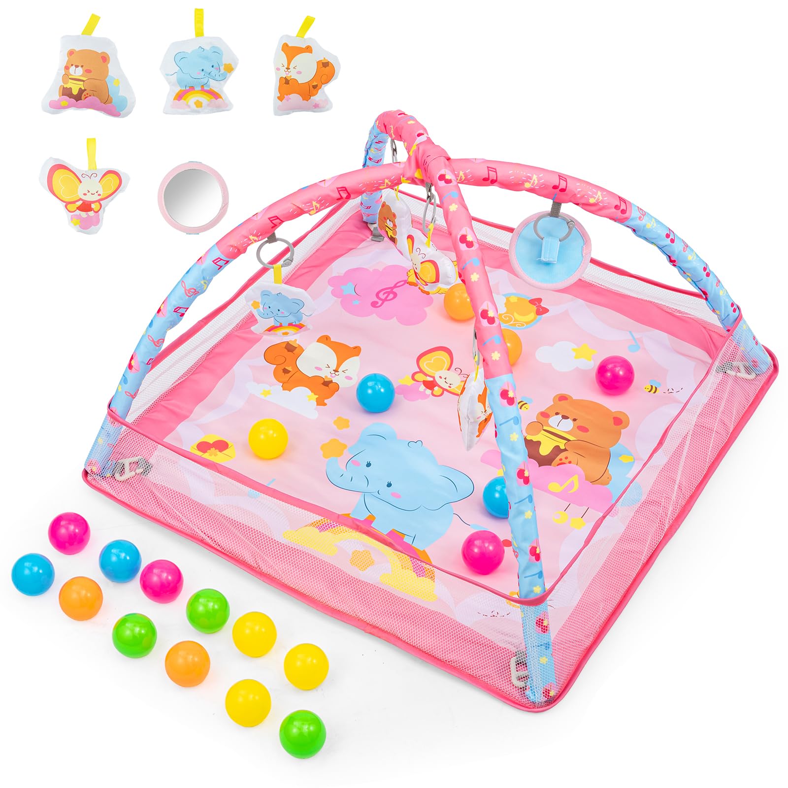 BREEZENEST Baby Play Gym & Activity Mat with Sensory Toys – Arch, Kick Piano, Mirror, Crinkle Medallion, Soft Book, Rattle, Ocean Balls, Playmat for Newborns & Infants (0-36 Months) (Animal-Square)