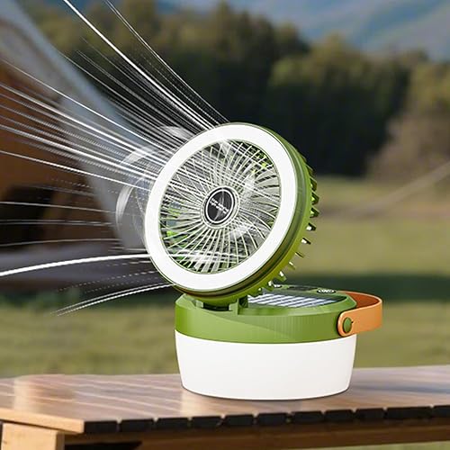 Ventilador de campamento con energía solar, 3 velocidades con 4 modos de luz, carga USB y solar, ventilador solar portátil para tienda de campaña,