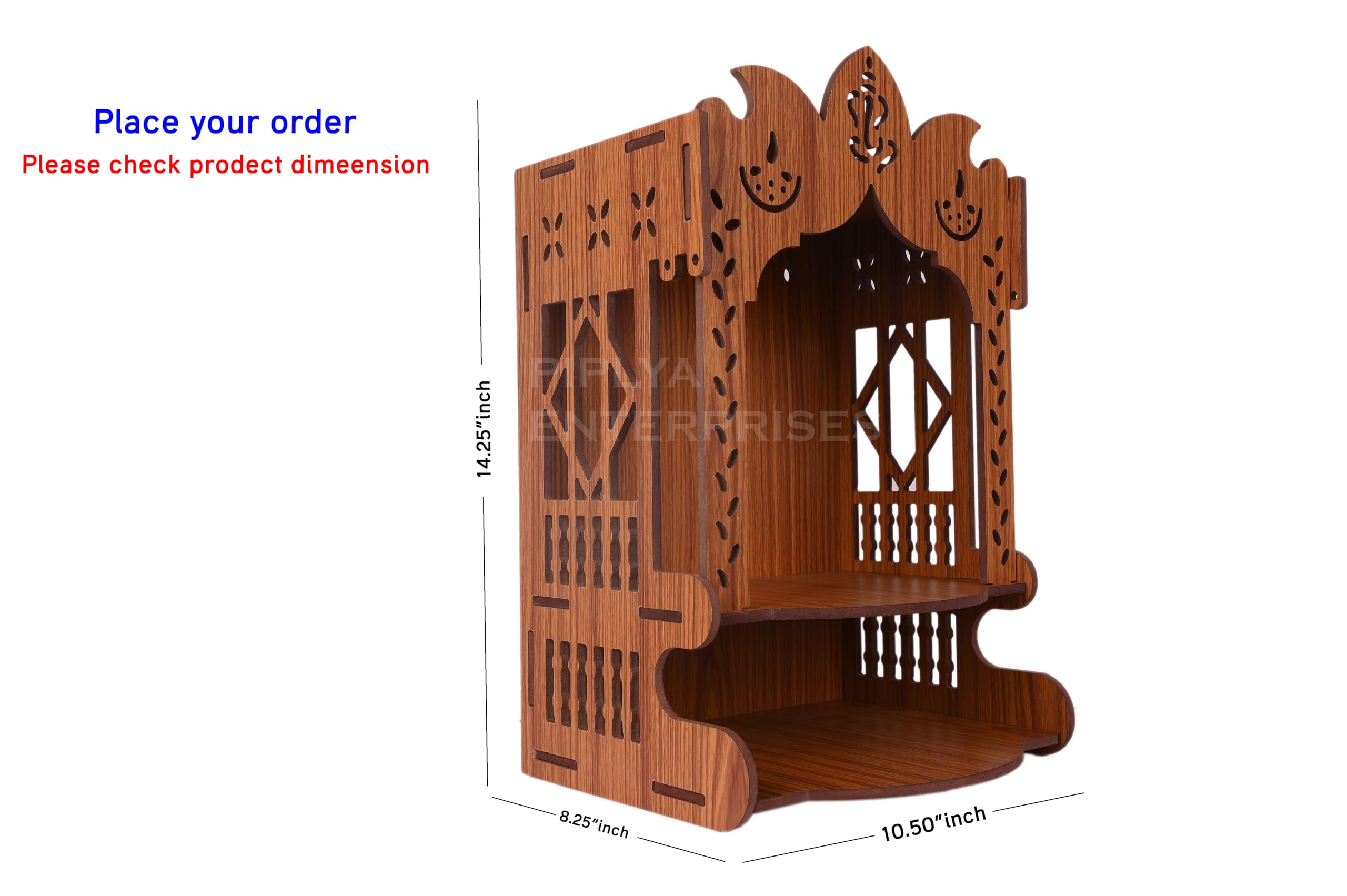 AR WALL Art Wall Mounted Polished Pooja Mandir in Light Finish | Compact Wooden Temple Style_68 for Home & Office (L-10.5 x W-8.25 x H-14.25 Inch)