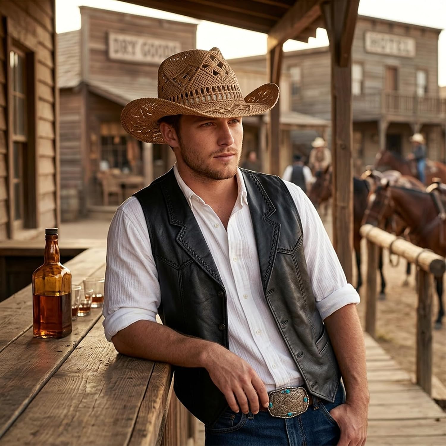 Straw Cowboy Hat – Wide Brim Sun Hat for Men & Women, Breathable Foldable Western Jazz Cap for Travel, Vacation & Daily Wear