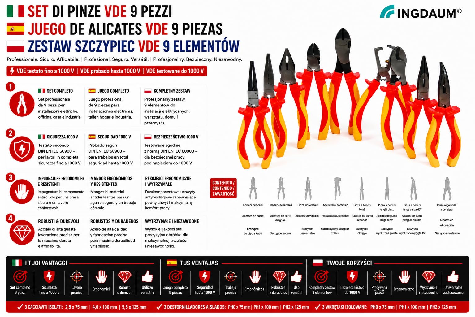 VDE Juego de Alicates | Alicates de Corte Lateral, Cortadores Laterales de Fuerza, Pelacables, Alicates de Punta Recta y Curvada