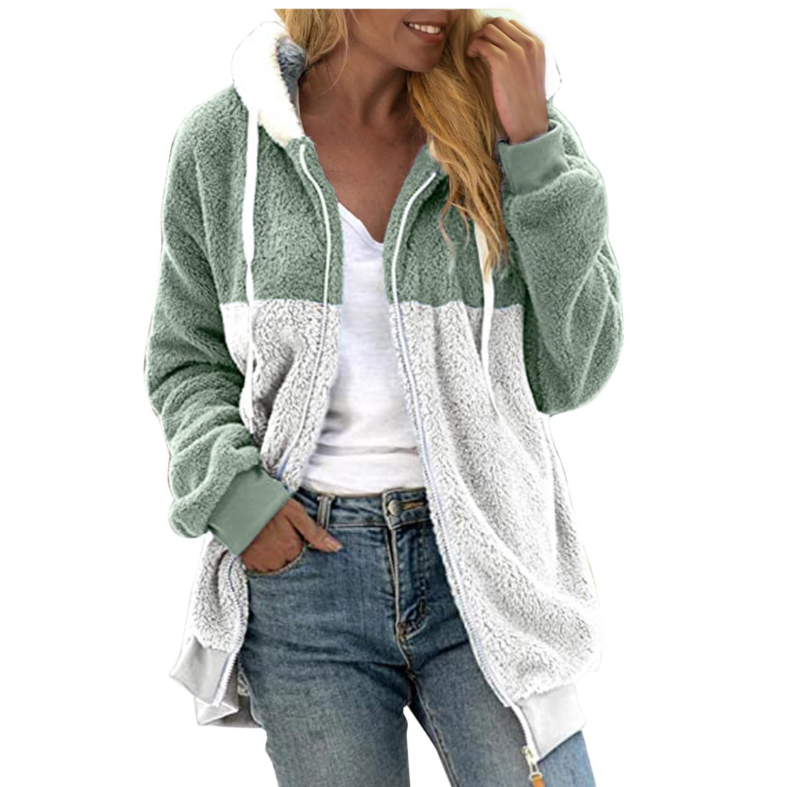 Generico Sudaderas Largas Algodón Mujer con Cremallera Sin Capucha - Top Blanco Mujer Elegante Oversize Hoodie Ligero Moda Térmica Felpa Suave con Bolsillos Cómodos Ropa Otoño Casa Al Aire Libre