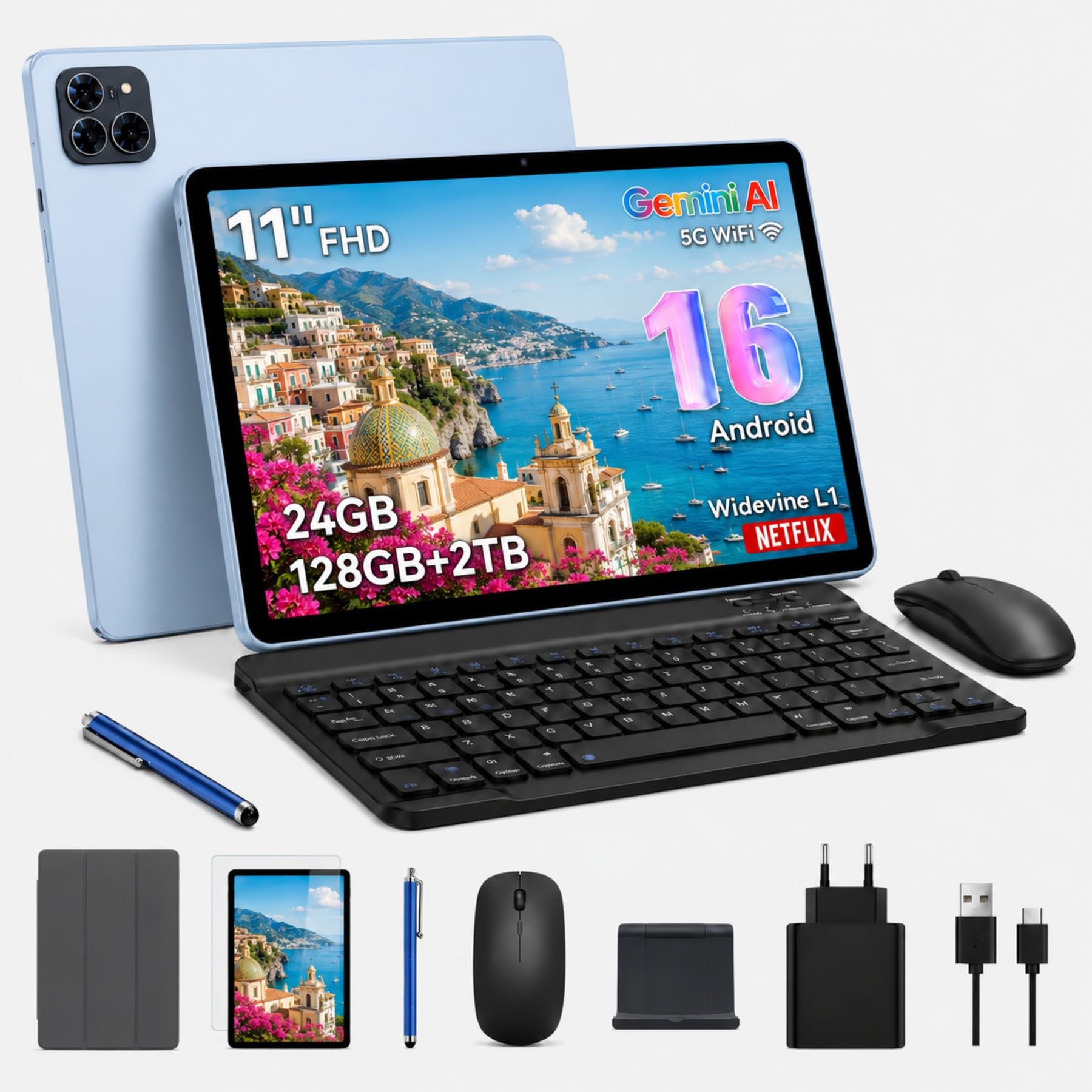 TABWEE Tablet 11" con Android 16 e Tastiera per Ufficio e Studio | Tastiera e Mouse Inclusi, 24 GB RAM, 128 GB ROM (2 TB TF), Display Widevine L1 FHD, Batteria 8000 mAh con Gemini AI, Wi-Fi 5G