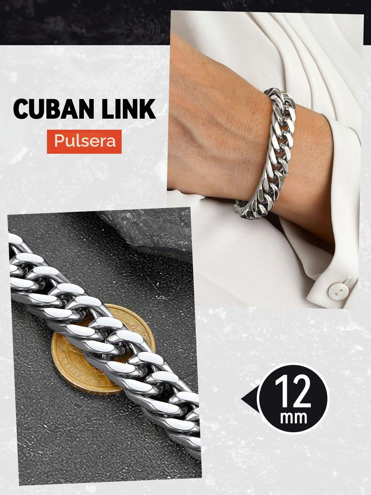 FaithHeart Pulsera Hombre Acero Inoxidable 8/12/17mm Ancho Cadena Cubana Eslabones Redondos Pulsera Simple Punk Hombre Chico Novio 19/21/23cm
