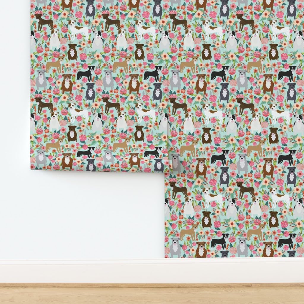 Peel & Stick Wallpaper Swatch - Floral, Pitbull Terriers, Cute, Dogs, Dog, Sweet, Animals, Florals, Mint Green, Rescue, Puppy Custom Removable Wallpaper by Spoonflower