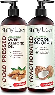 Organic Sweet Almond Oil and Fractionated Coconut Oil Bundle for Hair and Skin, 100% Pure and Natural, Hexane-Free, Moistu...