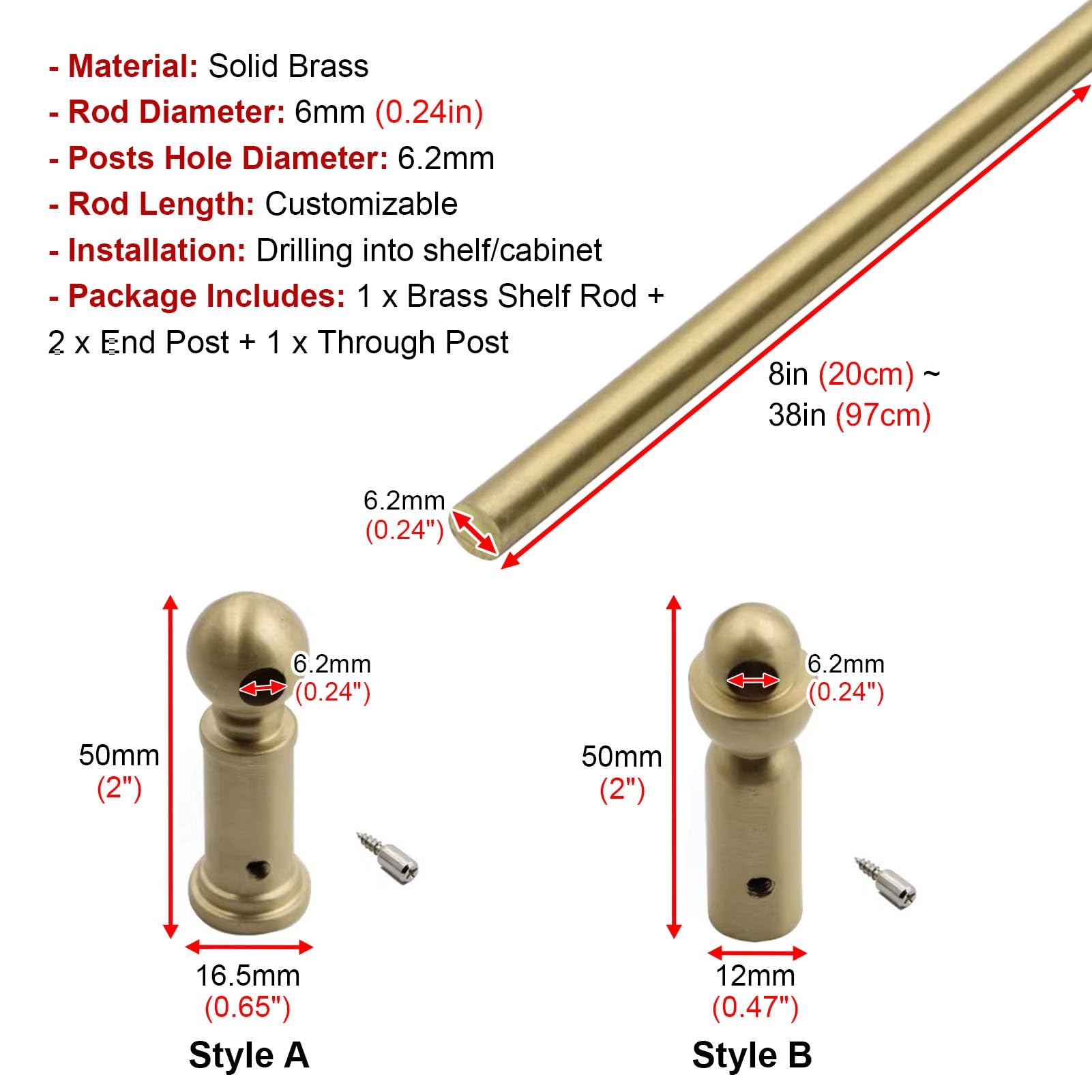 Set di guide per mensole in ottone massiccio di alta qualità, 96 cm, con 3 pali e viti, accessorio in pelliccia per la casa e la prevenzione delle ribaltamenti