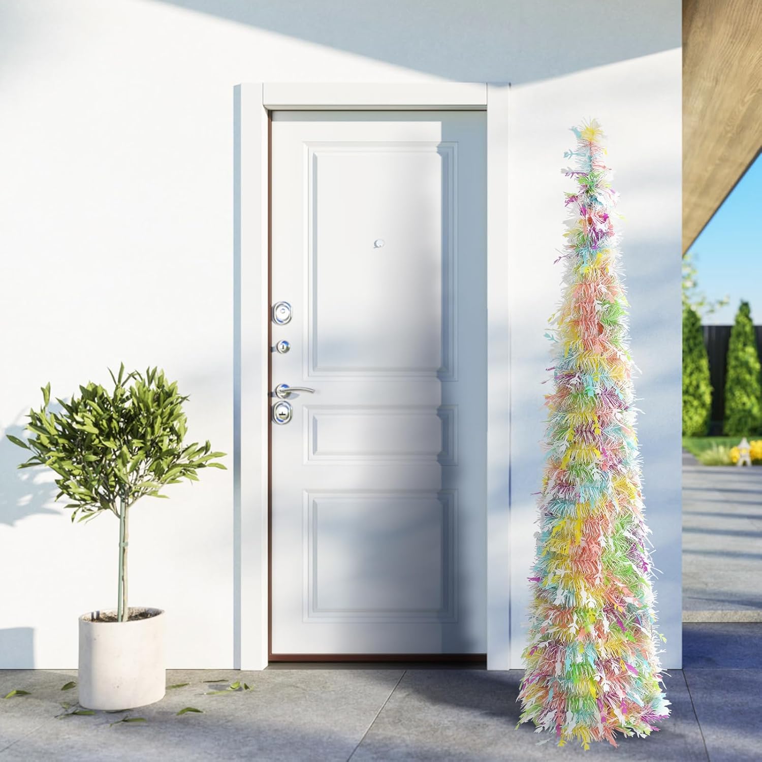 JIALEIXI Easter Tinsel Tree, 5FT Artificial Pop Up Pencil Tree Decorations Spring Easter Flower Tabletop Decor for Home Party Birthday Holiday