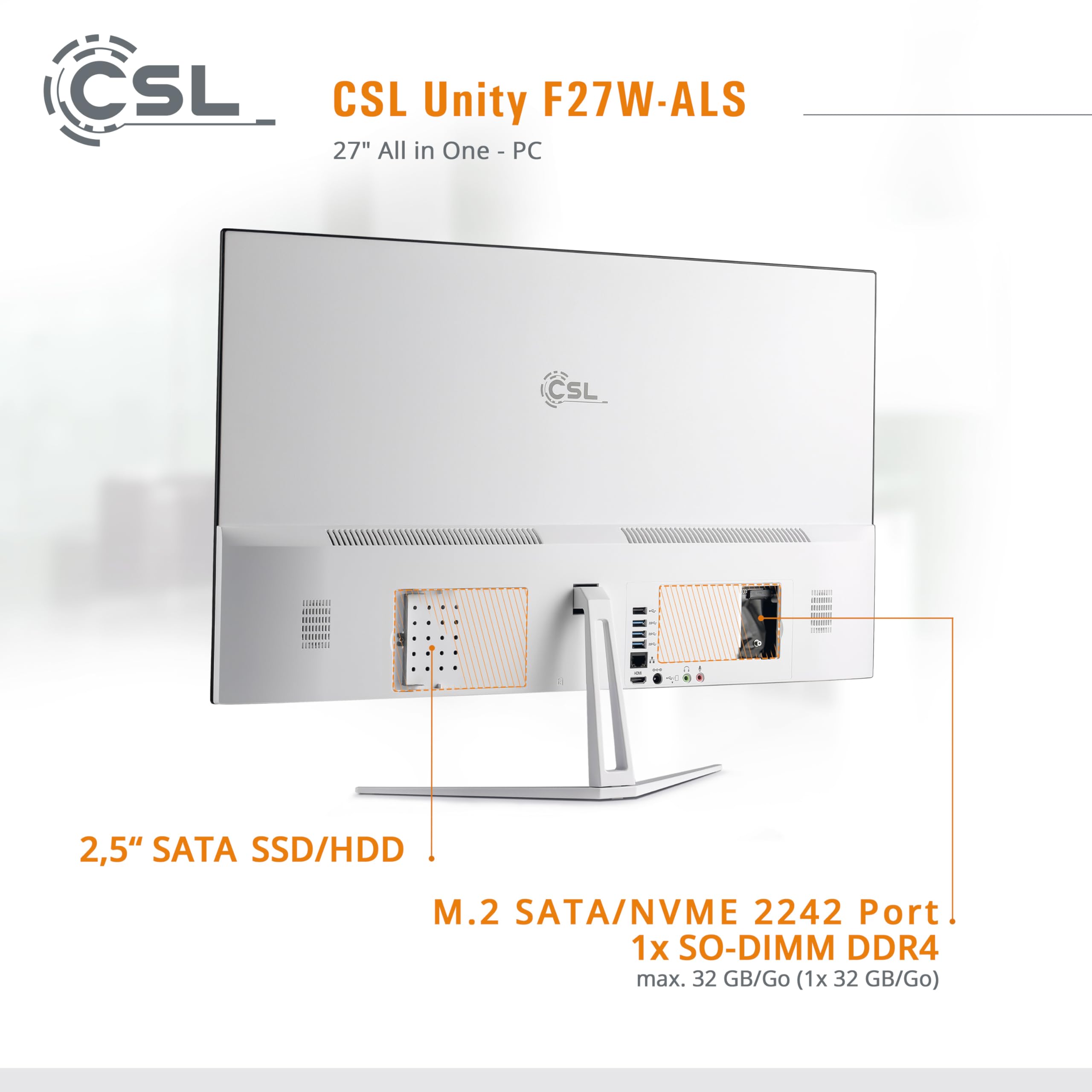 PC Tout-en-Un CSL Unity F27W-ALS, 68,58 cm (27 Pouces, 1920x1080 Full HD) - AIO Puissant (Intel N200 CPU 4x3700 MHz, 512 Go SSD, 16 Go DDR4-RAM, Win 11 Home), Blanc