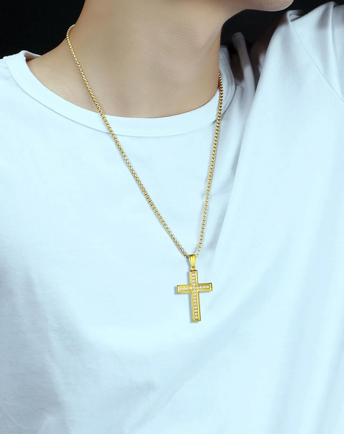 Cross Necklace for Men Stainless Steel Crucifix Pendant Silver White Gold Yellow Black Jesus Christ Plain Simple Women Fine Jewelry Gifts, 24 Inches Rolo Chain, Zirconia, Polished, Rope
