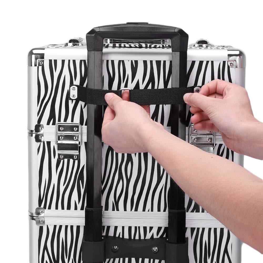 Makeup Train Case with Wheels 3 in 1 Professional Multifunction Rolling Trolley Foldable Lockable Travel Cosmetic Case Organizer White