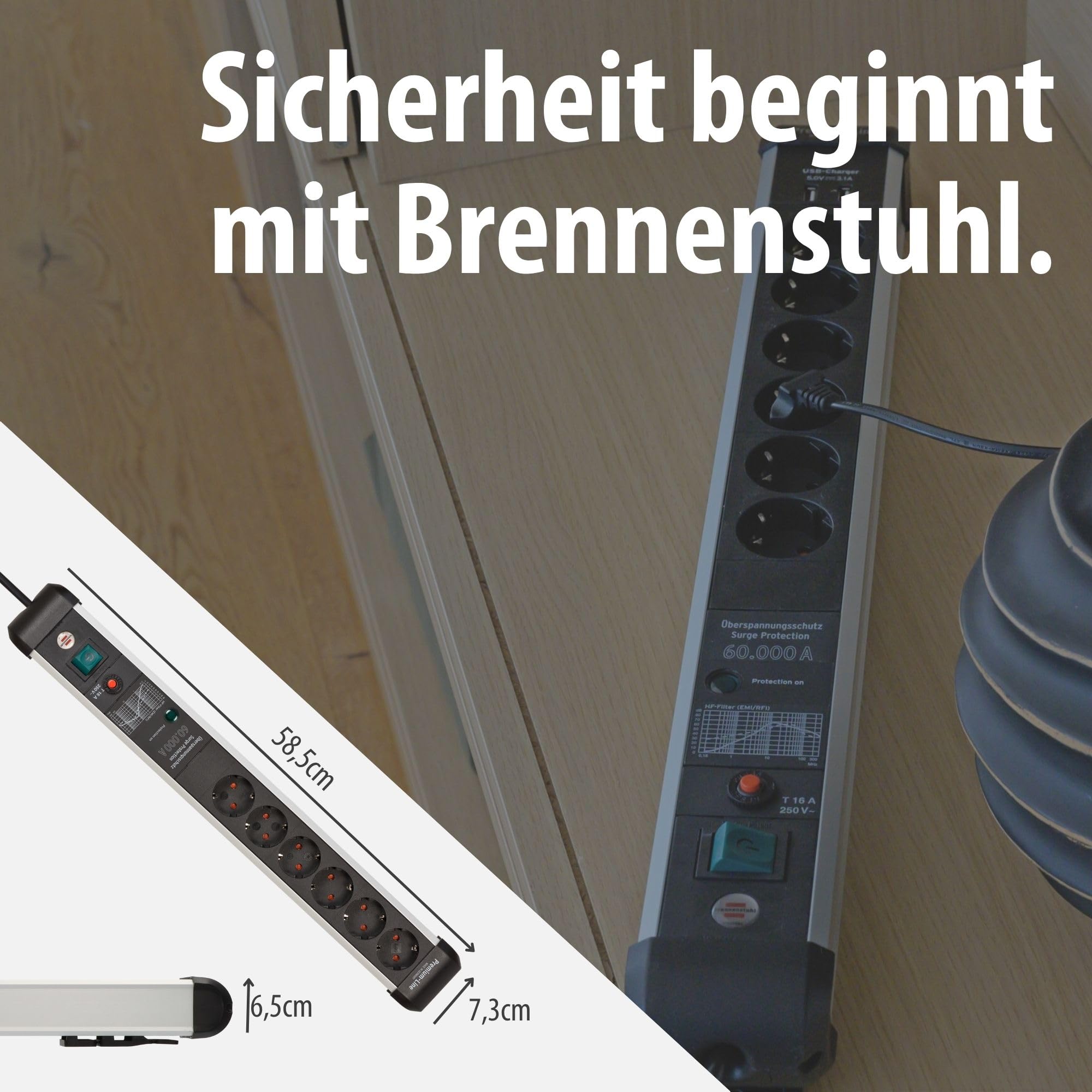 Brennenstuhl Premium-Protect-Line Steckdosenleiste 6-Fach mit USB, 3m | Mit Überspannungsschutz, Mehrfachsteckdose mit Schalter, 2-fach USB 3,1 A, Made in Germany, silber/schwarz