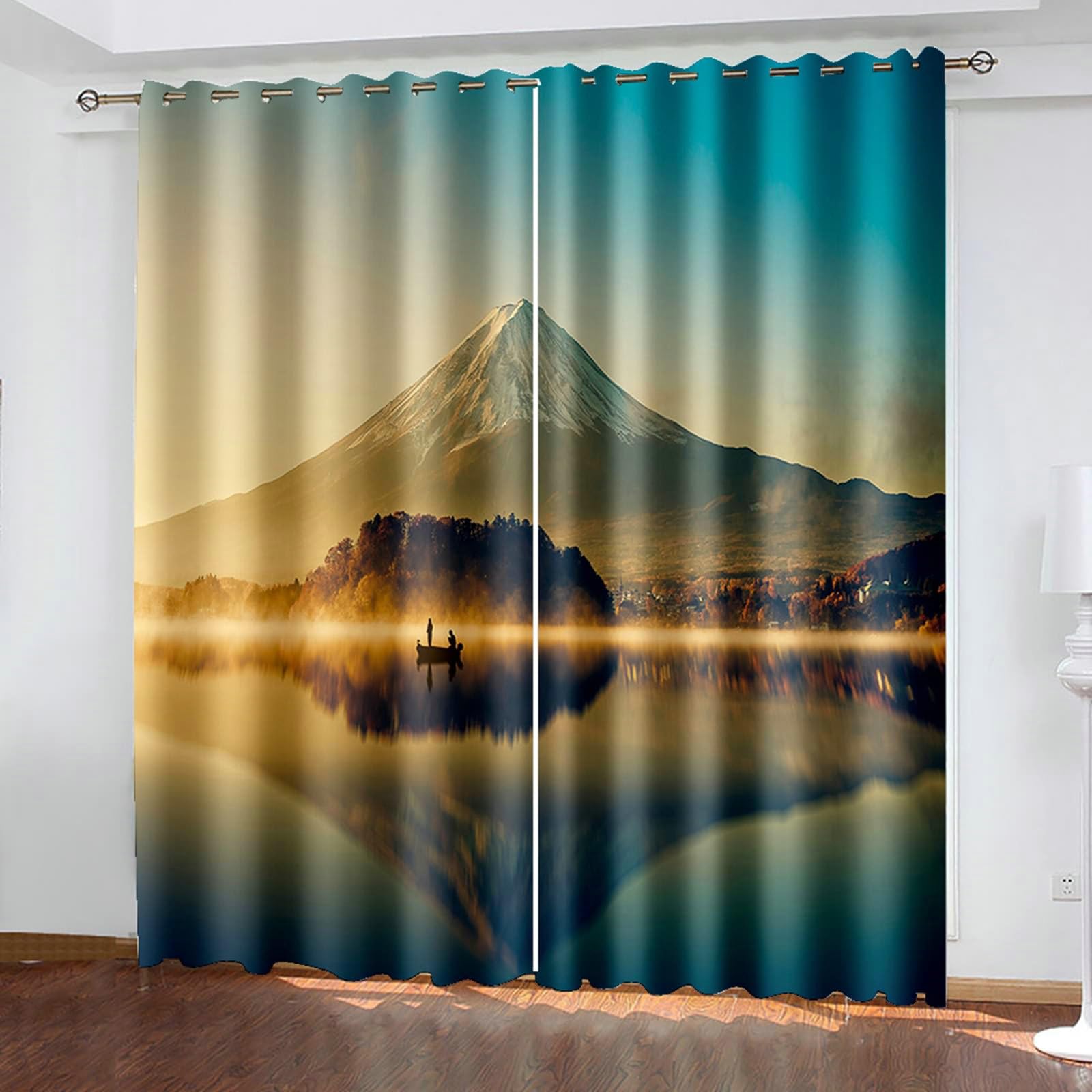 Vorhänge Blickdicht, Verdunklungsvorhänge Grün Landschaft See und Berg 2er Set H 160 x B 96 cm Abdunkelnde Gardinen Ösen für Wohnzimmer