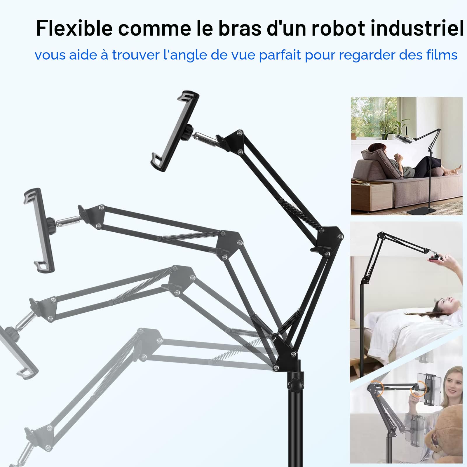 Support de plancher pour tablette, réglable, universel, pivotant à 360 degrés, en métal, support pour iPad/iPhoneX/iPad Pro ou autres appareils de 4,5 à 12,9 pouces (noir)