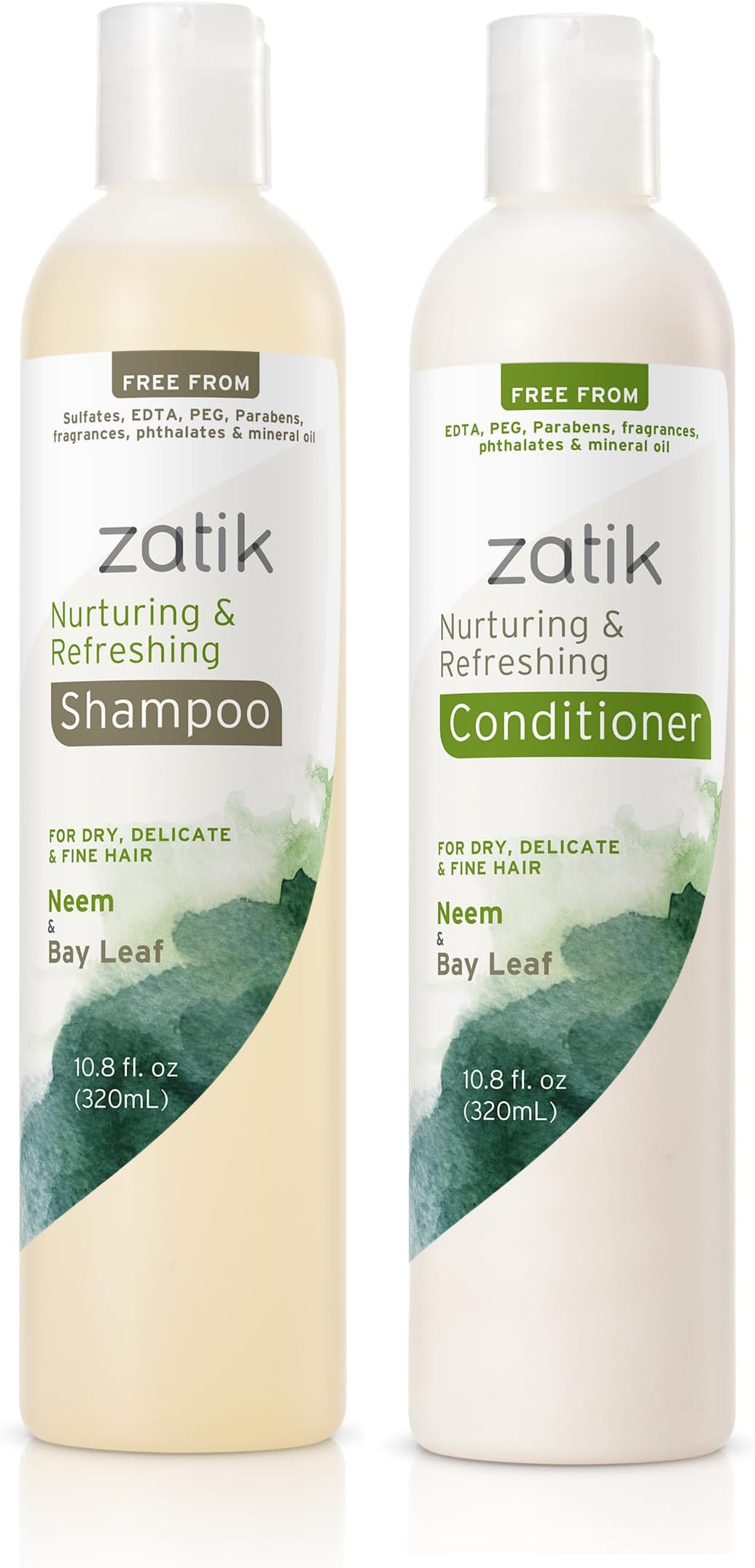 Zatik Naturals - Nurturing and Refreshing Shampoo + Conditioner Set, with Neem & Bay Leaf for Dry, Fine, Delicate Hair - Biodegradable, pH Balanced, Sulfates & Phthalates Free, 2x10.8oz (One of Each)