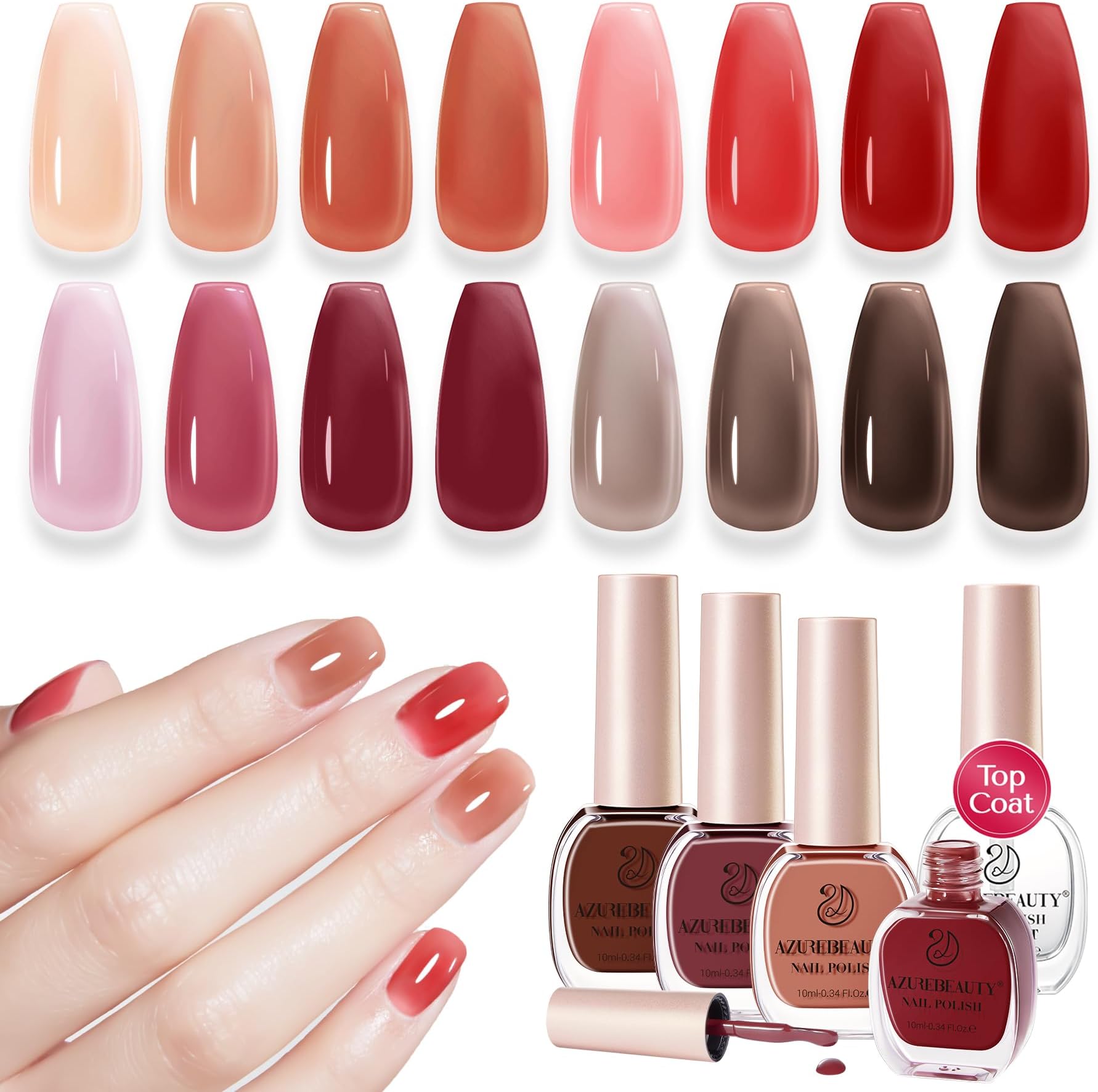 AZUREBEAUTY Jelly Nail Polish Set 4 Colors Nude Brown Red Purple Quick Dry Transparent Sheer Nail Polish Natural Nail Lacquer Fingernail with Top Coat DIY Salon Home