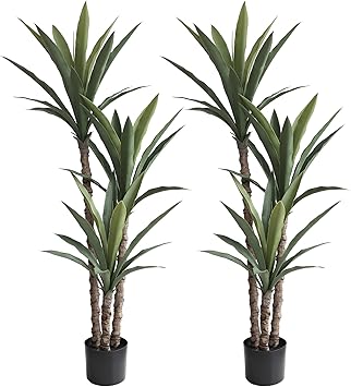 momoplant 2 Pack Artificial Agave Trees 4.5Ft Faux Agave Plant with 3 Heads Silk Faux Tree in Plastic Pot for Home Garden Office Decor
