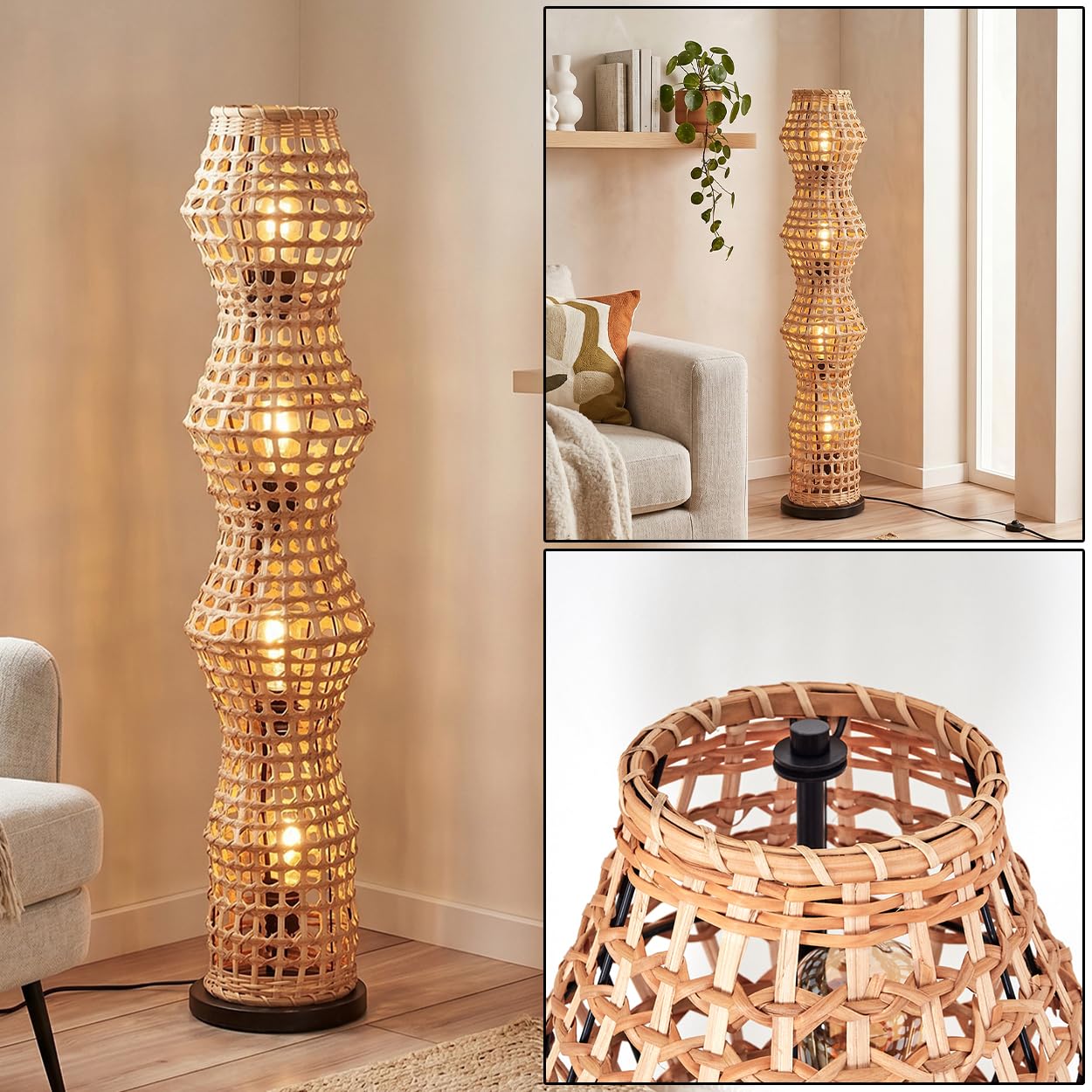 HOFSTEIN Stehleuchte Cardeira, Stehlampe im skandinavischen Design, Boho-Style mit Schirm aus Rattan in Natur und Lichteffekt, E27, Höhe 110 cm, Fußschalter - Wohnzimmer, Schlafzimmer, Esszimmer, Flur