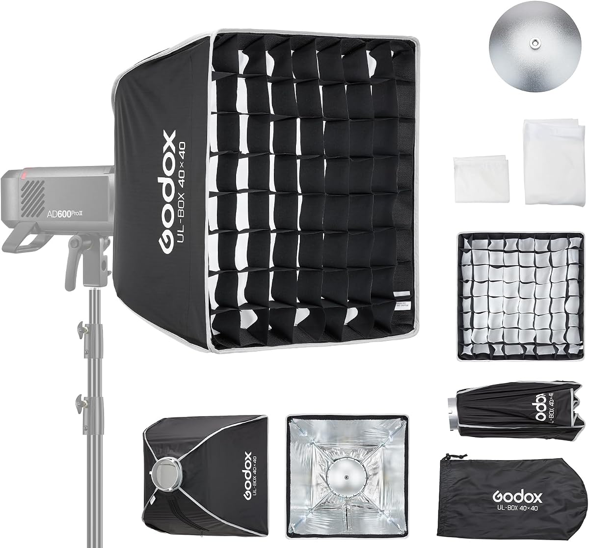Godox Mini Softbox 40 cm * 40 cm / 15,7 pulgadas * 15,7 pulgadas con rejilla | Softbox de montaje Bowens de configuración rápida, Softbox compacto de iluminación para fotografía pequeña para luz continua, Flash estroboscópico Monolight