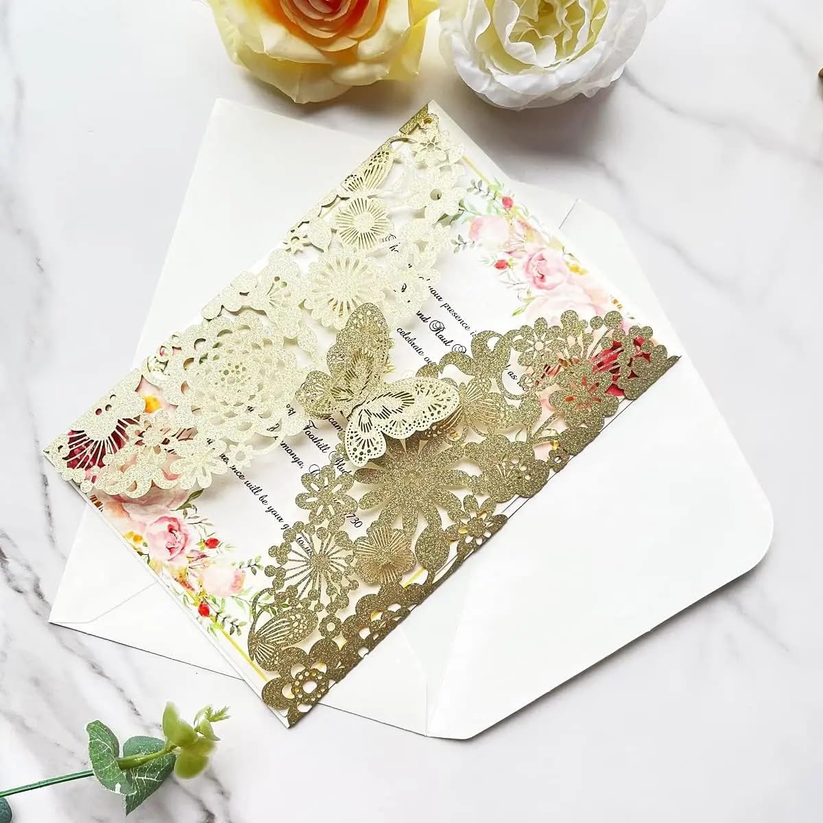 Inviti Matrimonio 5,12 X 7,3'' 50 pezzi Champagne Flora biglietti d'invito for matrimonio con farfalla e buste(Champagne Glitter)