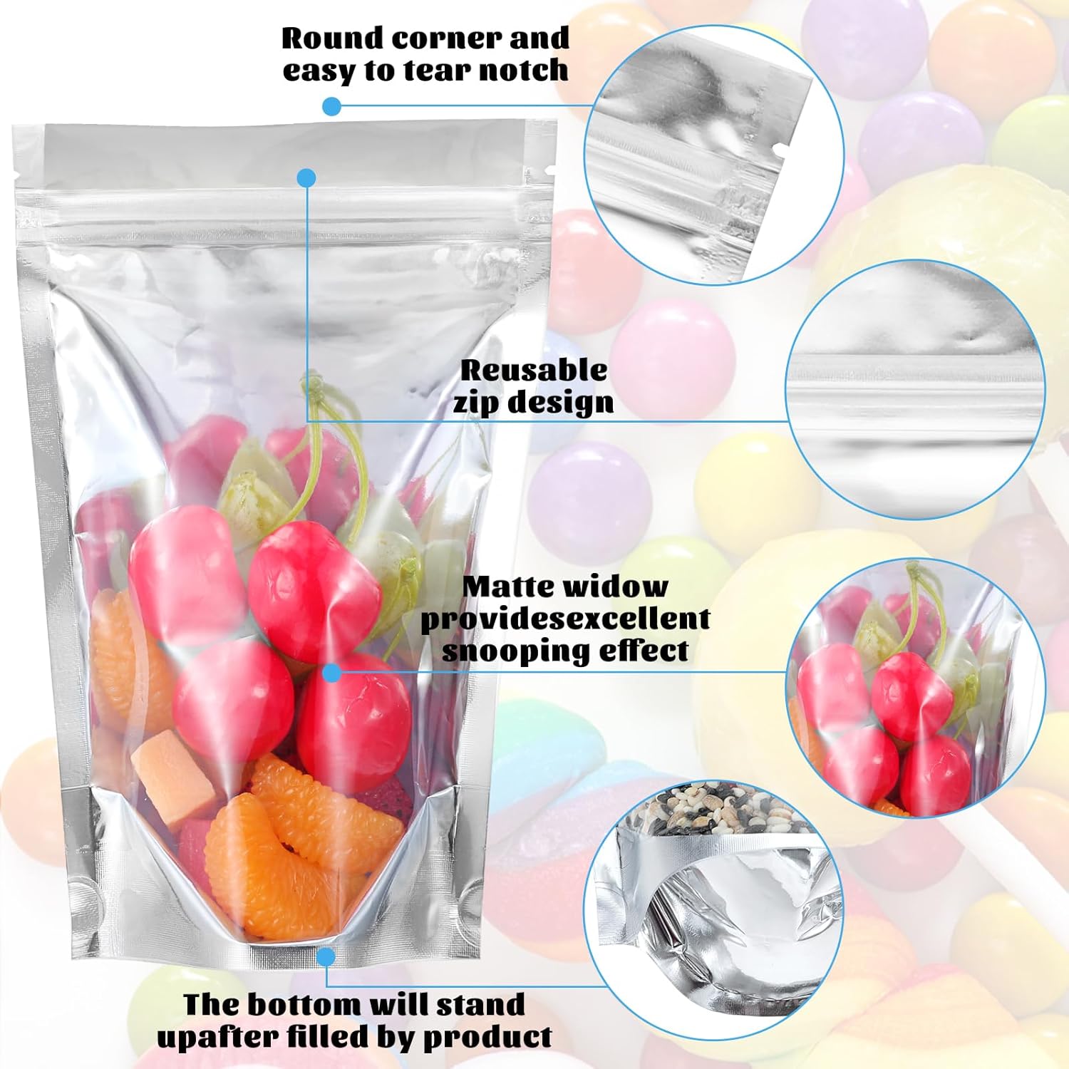 200 PCS Candy Bags, Sealable Heavy Duty Clear Mylar Food Storage Bags, Container Sets, Plastic Zipper Food Coffee Candy Storage, Refoldable Bags And Heat Sealable Food Storage (Pack of 2)