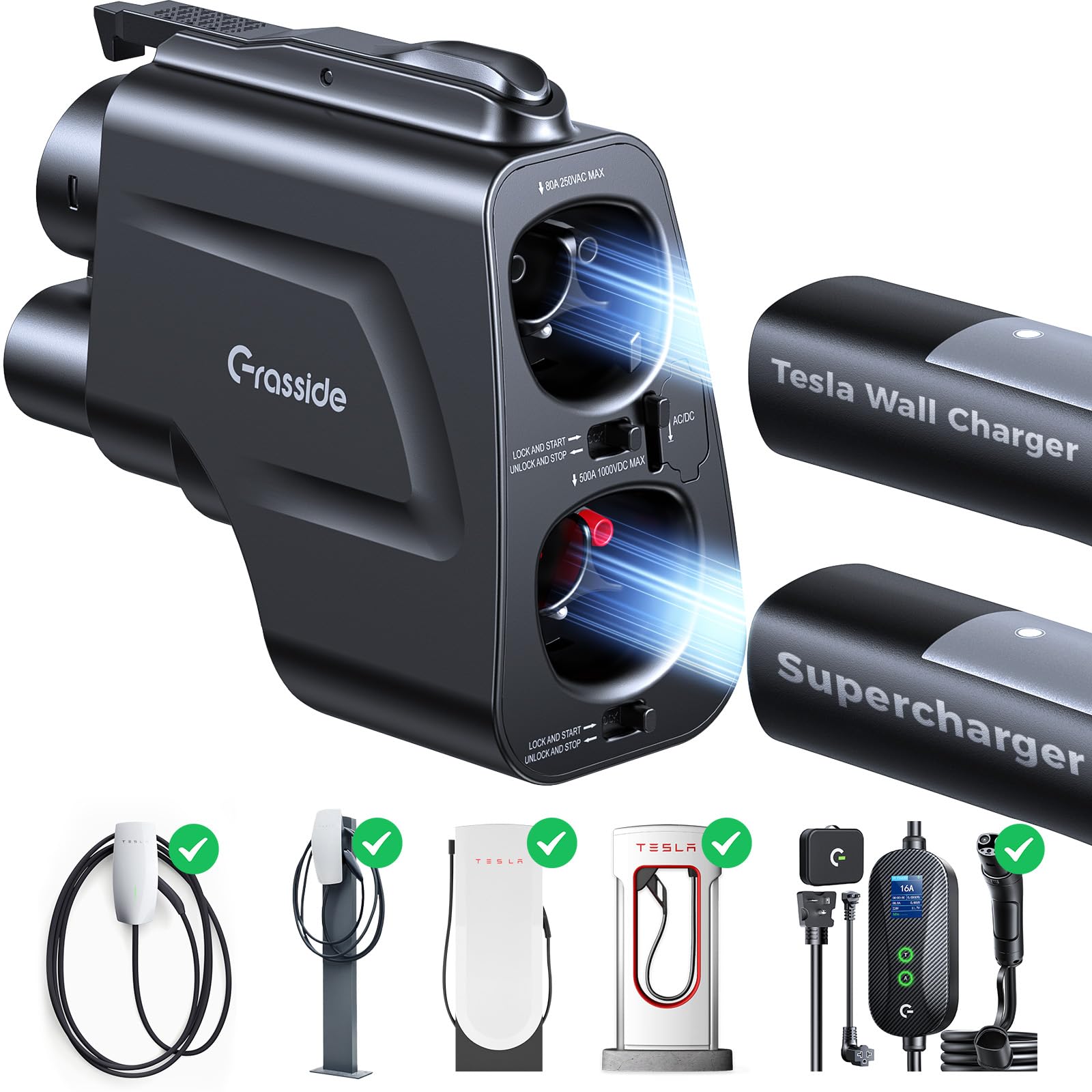 Photo 1 of ***Factory seal****

Grasside 2in1 Tesla Supercharger & Wall & Destination & Mobile Charger to CCS1 Adapter (for CCS1 EVs Only), MAX 500A 1000V DC&AC Fast Charging, Level 1/2/3 NACS to CCS & J1772 Adapter