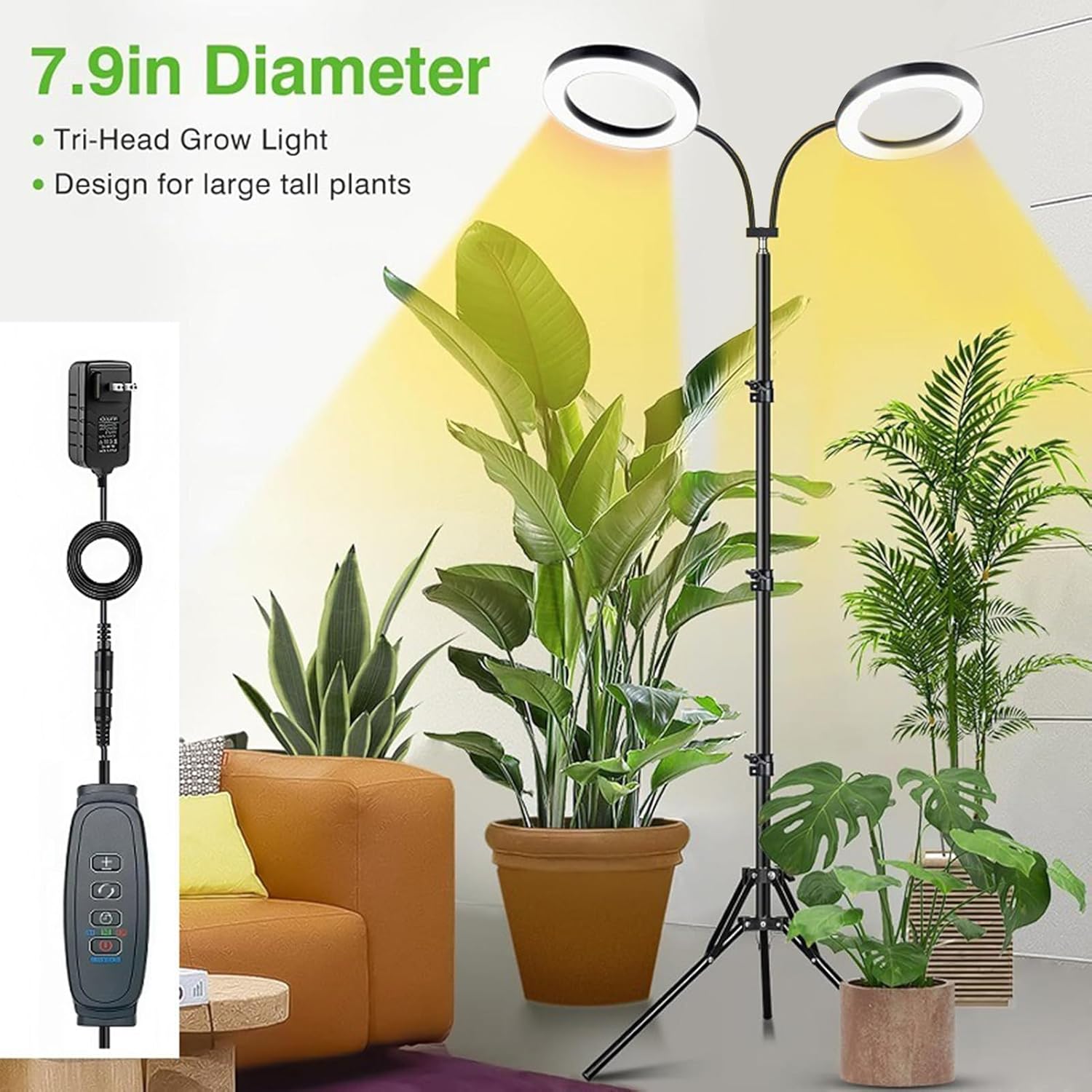 Focket Plant Grow Light, 108 LEDs Height Adjustable Full Spectrum Grow Light for Indoor Plants, Plant Growing Lamp with 3 9 12Hrs Auto Timer, 6 Brightness & 10 Dimmable (US Plug 2 Heads 20W Use 2A