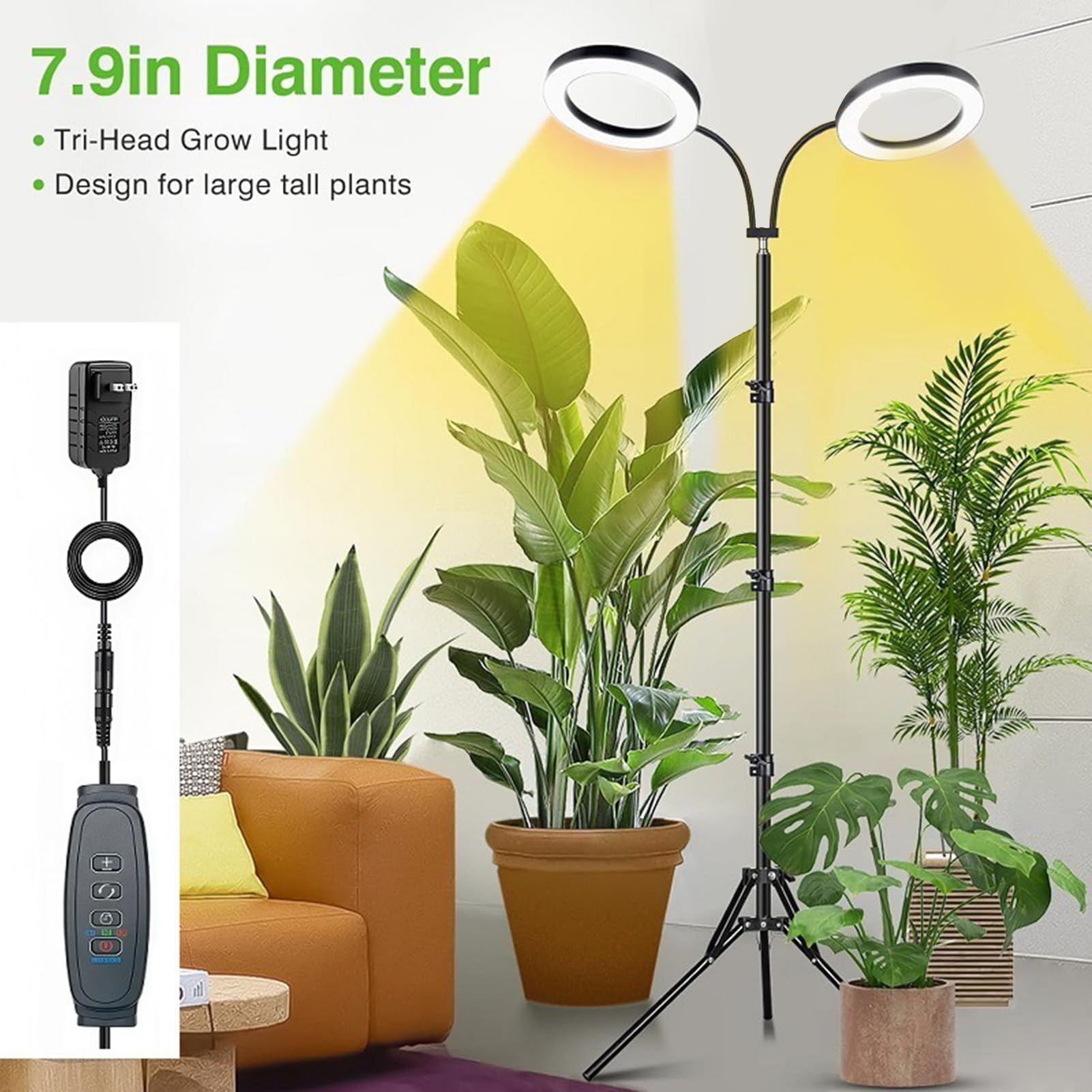 Fdit Lámpara de Cultivo LED de 72 Luces, Lámpara de Pie para Plantas de Interior, Espectro Completo, Altura Ajustable de 9 Pulgadas, (Enchufe de la UE 2 cabezales 20W Utilice adaptador 2A)