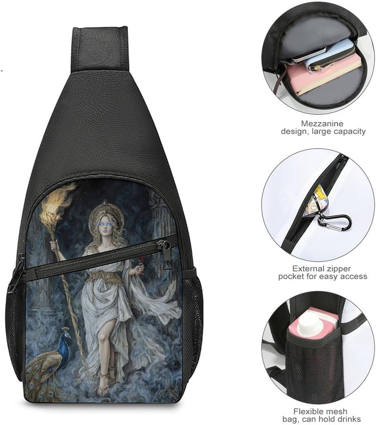 Greek Mythology Hecate Goddess Crossbody Sling Backpack Chest Bag Daypack | unisex,trendy,with convertible and detachable shoulder strap,side pockets