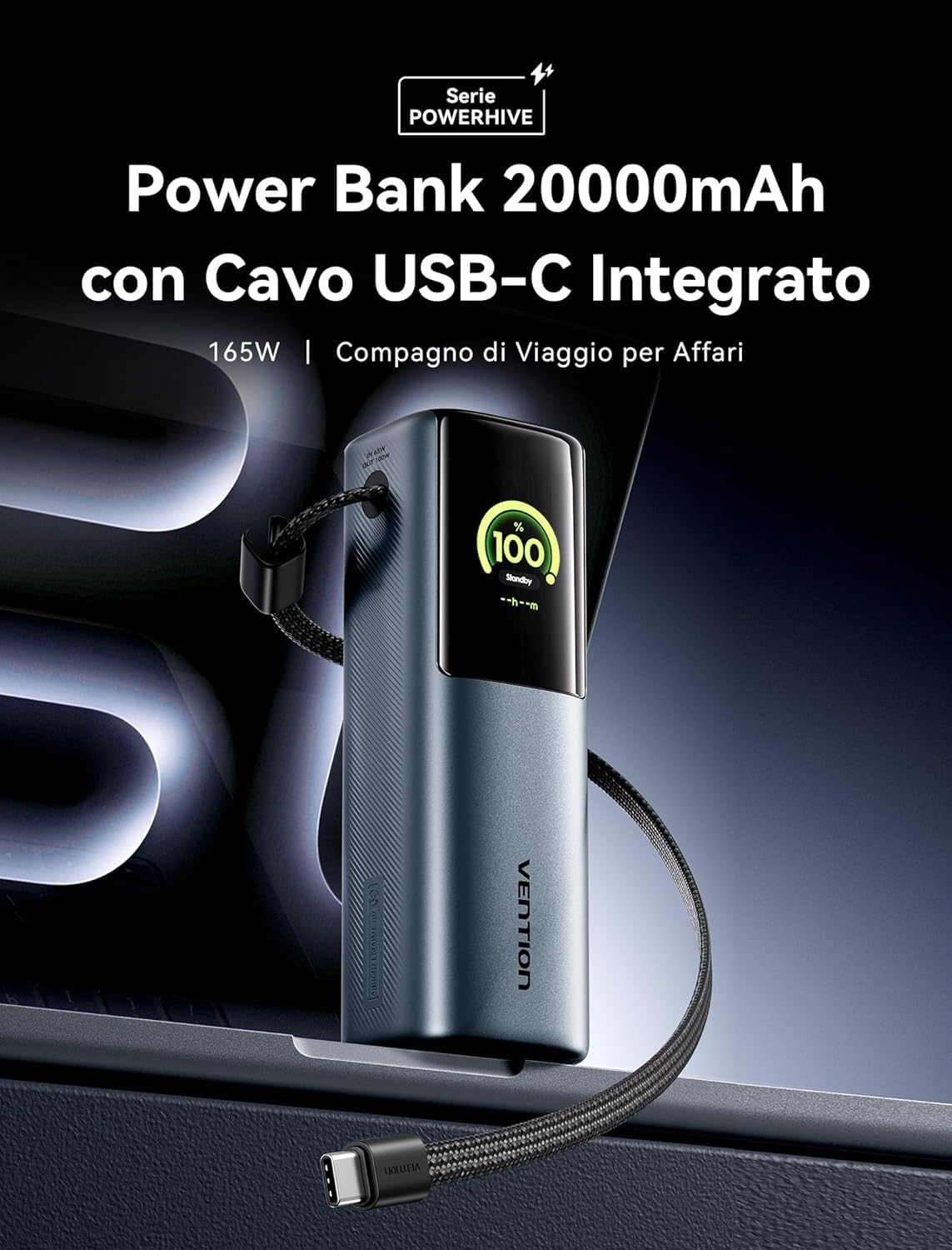 VENTION Power Bank 20000mAh 165W con Cavo Integrato, Display Digitale e Animazione Emoji, 2 X 100W USB-C Ricarica Rapida, Compatibile con MacBook, Dell, HP, iPhone 17/16/15/14, Samsung Galaxy S24