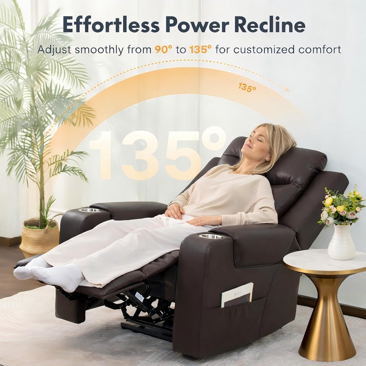 FLEXISPOT Truffle Genuine Leather Power Recliner w/ 1.2" Wall-Hugger Clearance, Electric Zero-Wall RV Recliner w/Adjustable Headrest, Massage & Heat, Home Theater Sofa, FSC-Certified, Chocolate