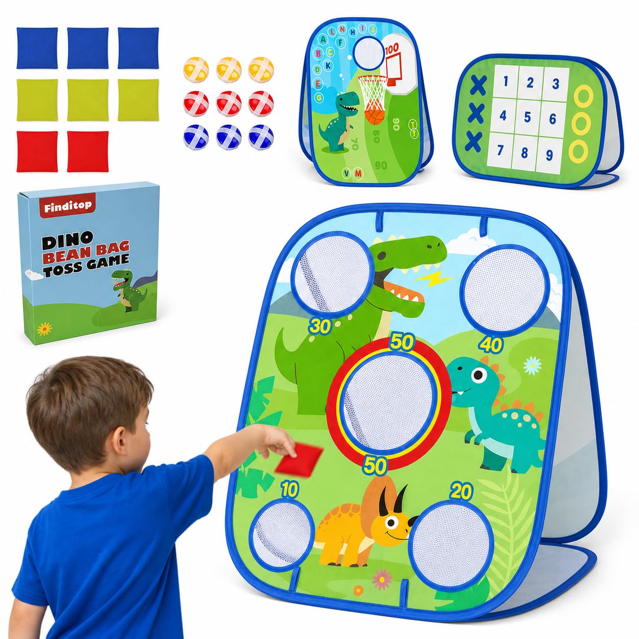 Gioco di lancio 6 in 1 a sacco di dinosauro - Giocattoli all'aperto per bambini 1-3, alfabeto ABC e apprendimento matematico - Gioco per feste in giardino per