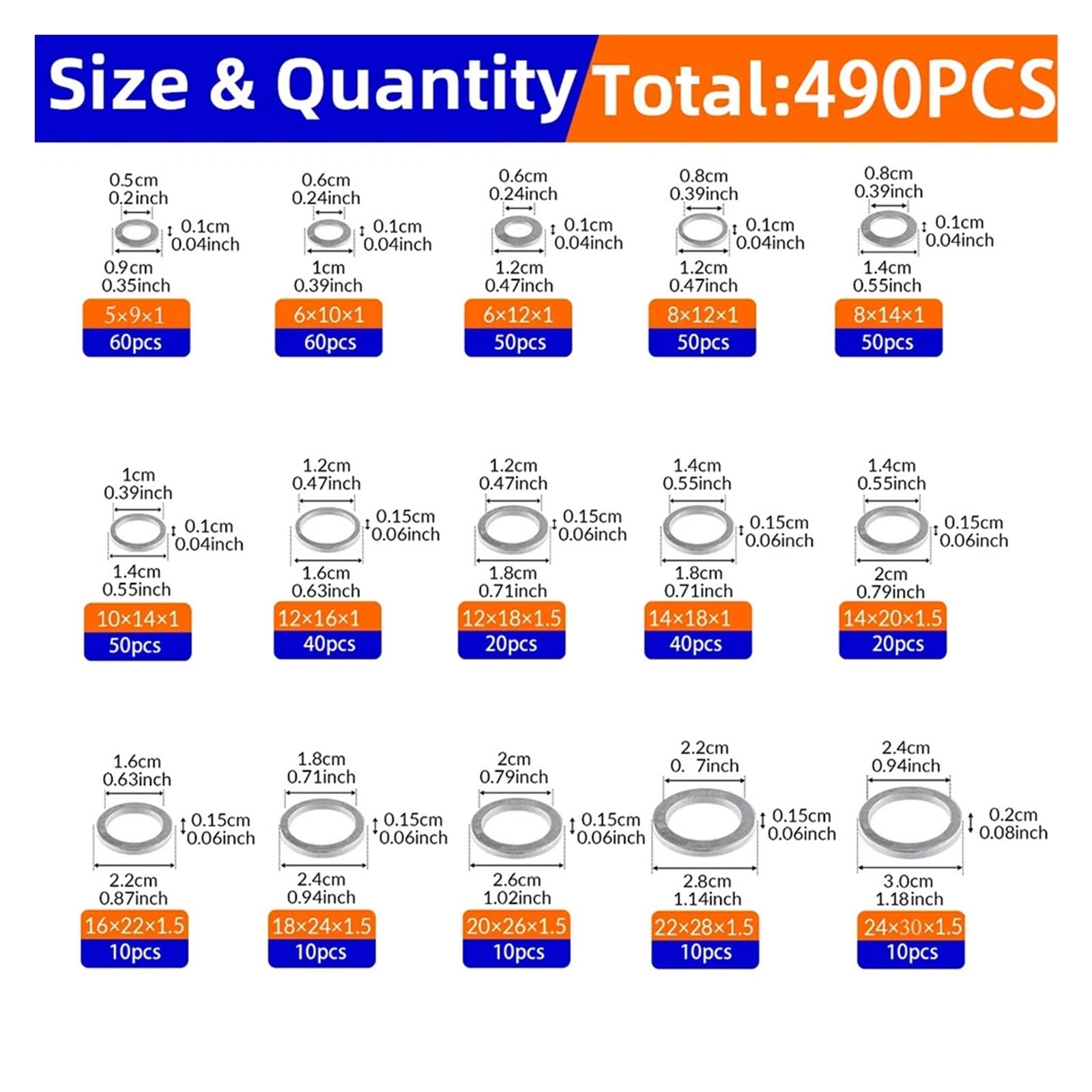 490PCS Automotive Oil Drain Plug Gaskets, Aluminum Flat Gaskets Washers Assorted Gasket Metal Sealing Crush Washer Kit, M5 - M24