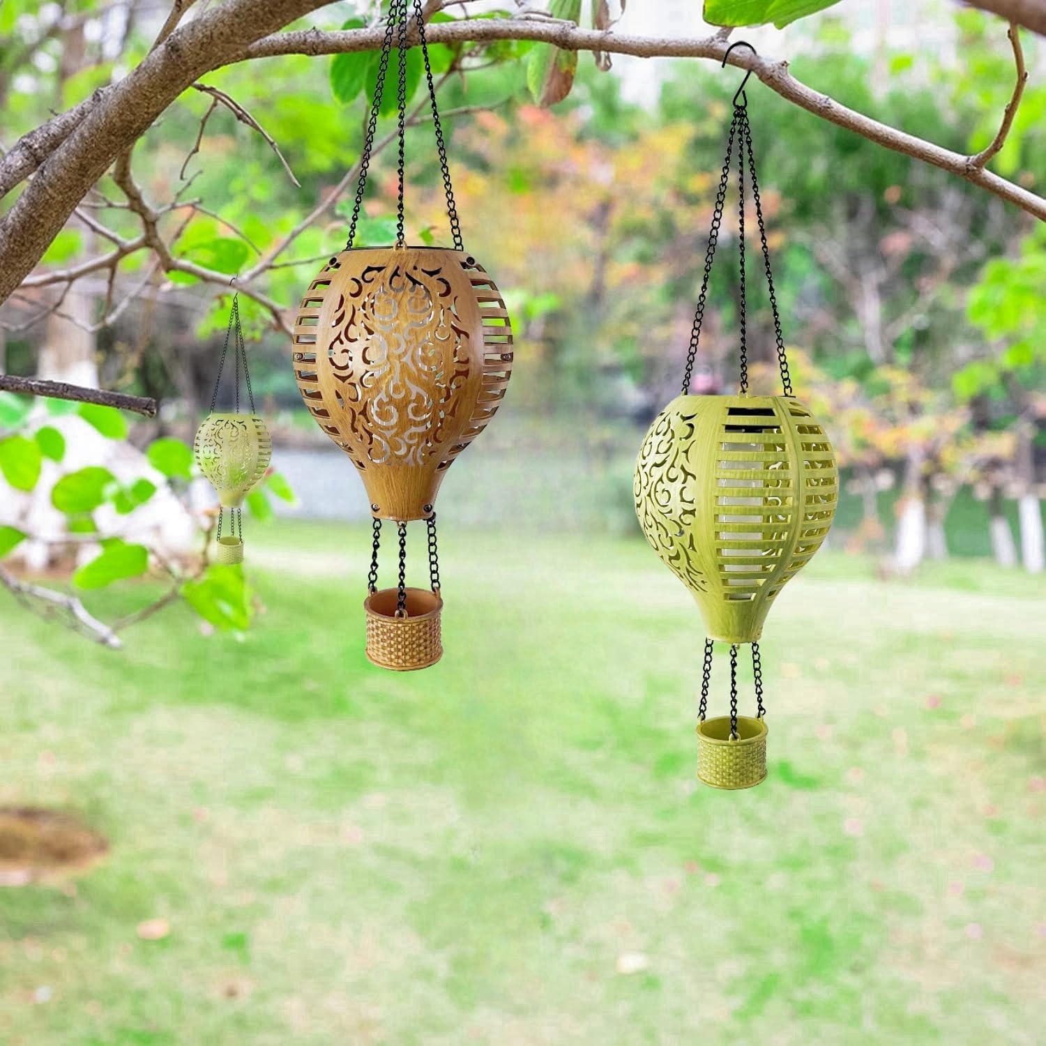 Hot Air Balloon Solar Lights Outdoor Decoration, Imitation Bamboo Flame Hanging Solar Lights Waterproof Suitable for Patio Garden Courtyard Farmhouse Decoration, Great Gift (Grassy Green)