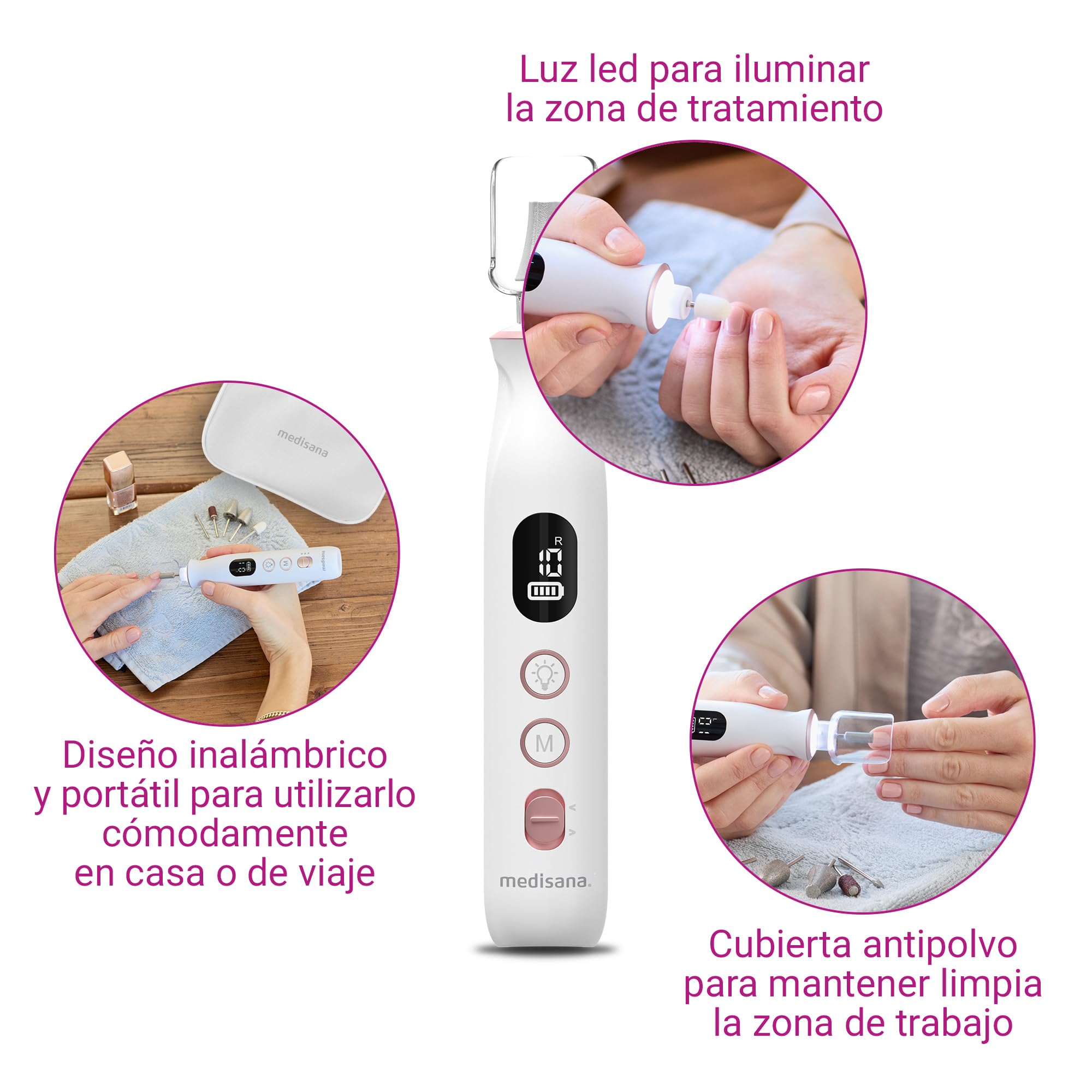 medisana MP 940 set eléctrico de manicura y pedicura, torno para uñas, lima electrica, kit de uñas para el cuidado de manos y pies y el tratamiento de uñas, cutículas y callosidades
