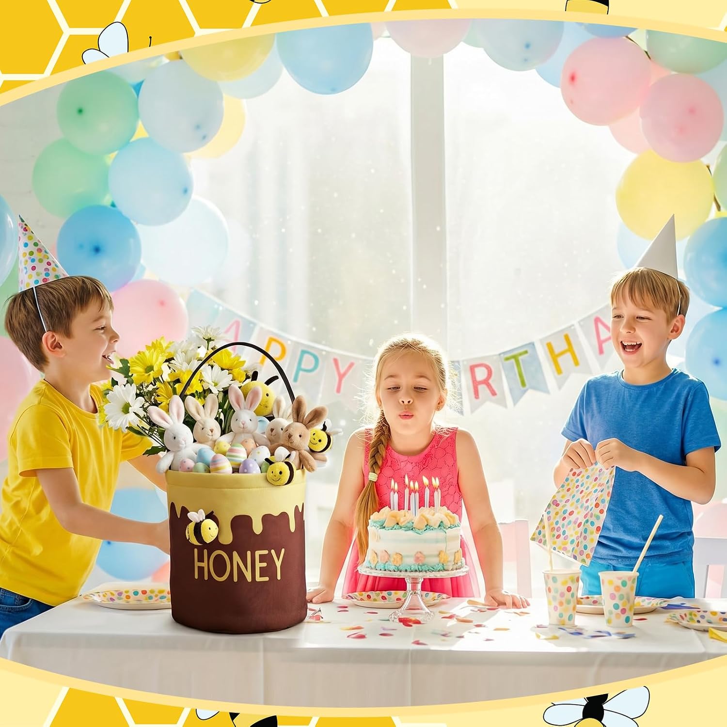 Honey Basket with Handle, Canvas Honey Bee Gifts Bucket Tote Goody Basket for Home Party Decoration Supplies