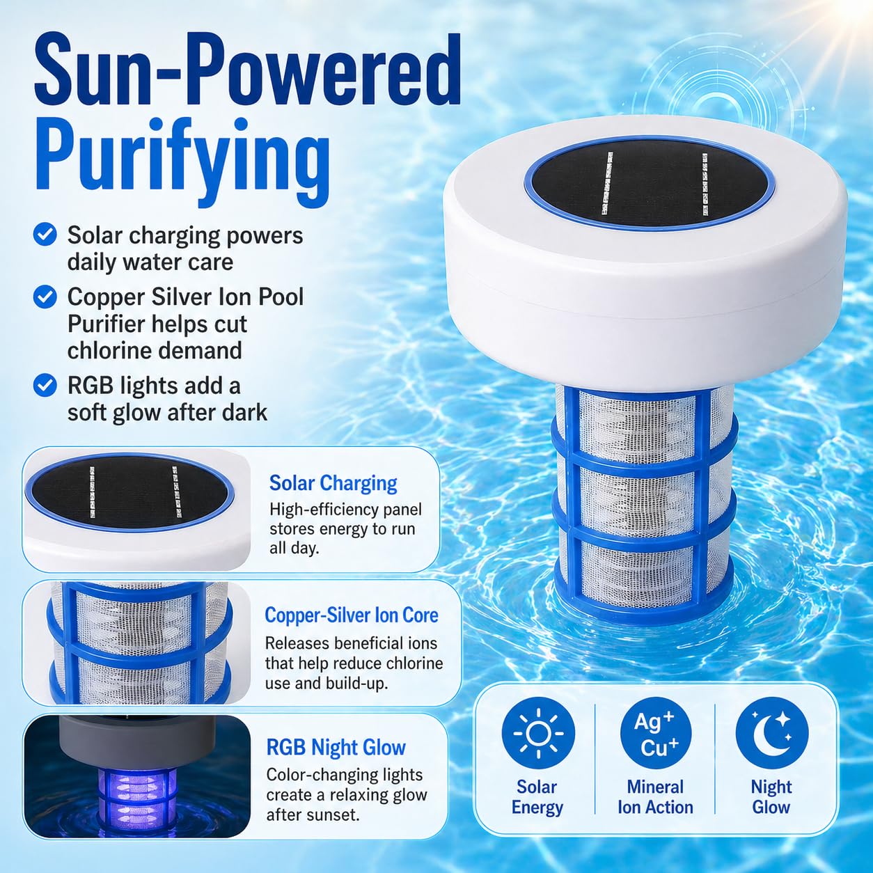 Limpiador ionizador Solar para Piscinas, purificador de Piscinas de Iones de Plata y Cobre con 2 Juegos de Accesorios, sin Cloro, para Piscinas elevadas, jacuzzis SPA