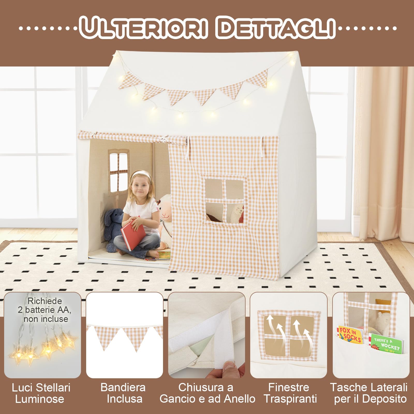 COSTWAY Tenda da Gioco per Bambini, Casetta Tenda da Gioco con Tappetino Imbottito, 2 Finestre Traspiranti e 2 Tasche, Luci a Stella e Bandierine Incluse, Tenda per Bambini 3-8 Anni (Beige)