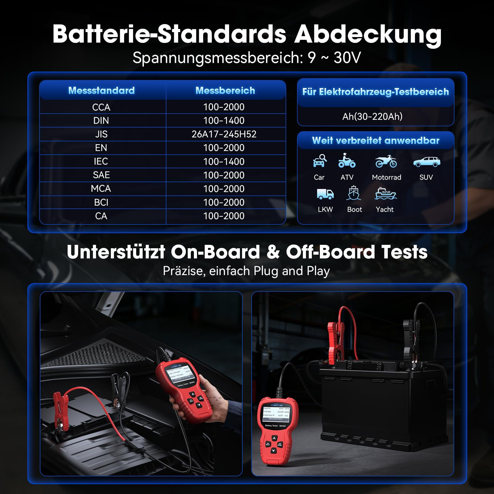 MA500 Auto Batterietester 12V/24V 100-2000CCA Spannungstester 9V - 30V Batterie Testgerät mit Entlade-, Start- und Ladetest für Auto, LKW, Motorrad, Boot, Wohnmobil, ATV, Yacht