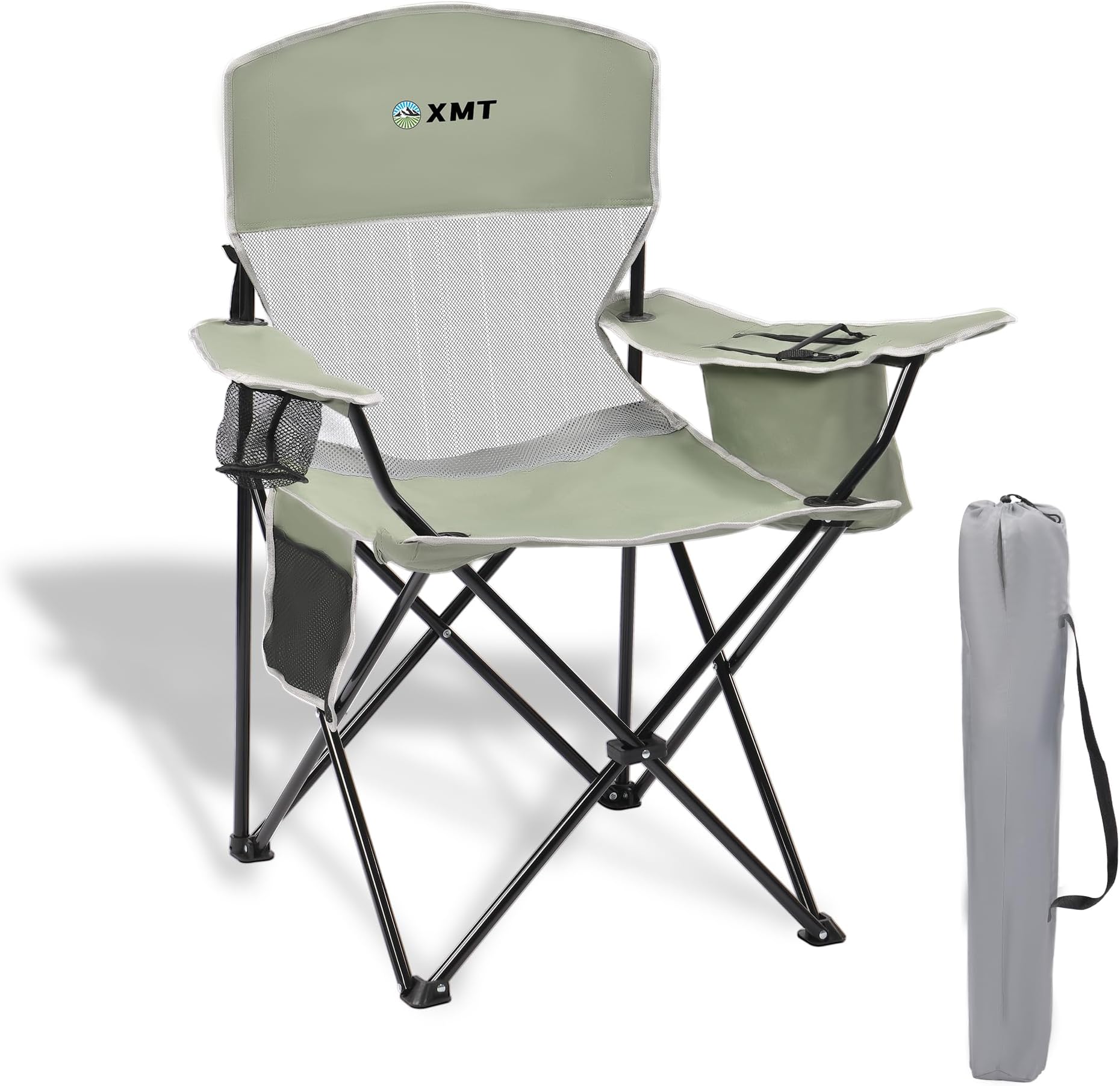 Portable Outdoor Folding Chair With Cup Holder & Cooler Bag Breathable Mesh Wide Armrests Ergonomic Design Camping Beach Backyard Includes Storage Bottle Op