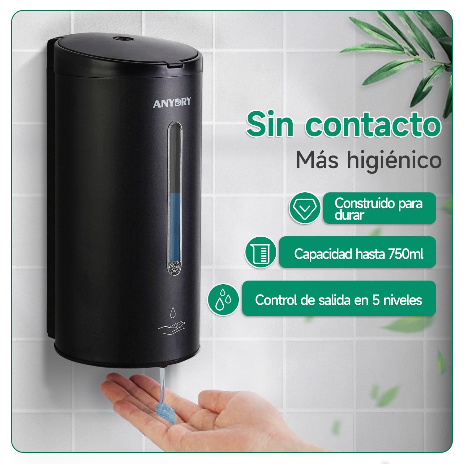 anydry Dispensador de Jabón Automático de Pared Profesional 750 ml con Revestimiento Anti-Corrosión (Acero Inoxidable Negro Mate)