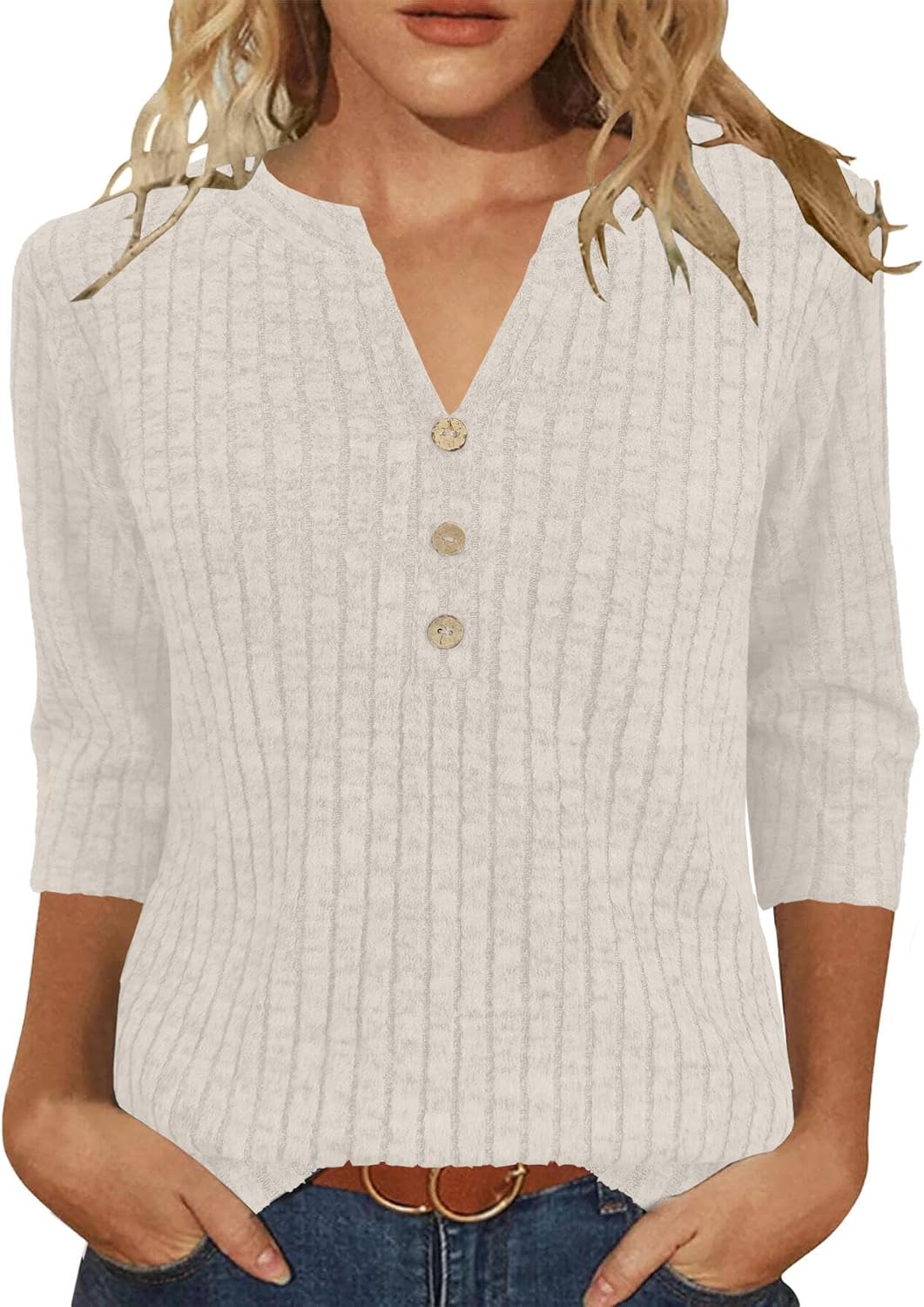 JomeDesign Sweaters for Women 3/4 Sleeve V Neck Shirts Dressy Casual Blouses Loose Fit Tunic Tops