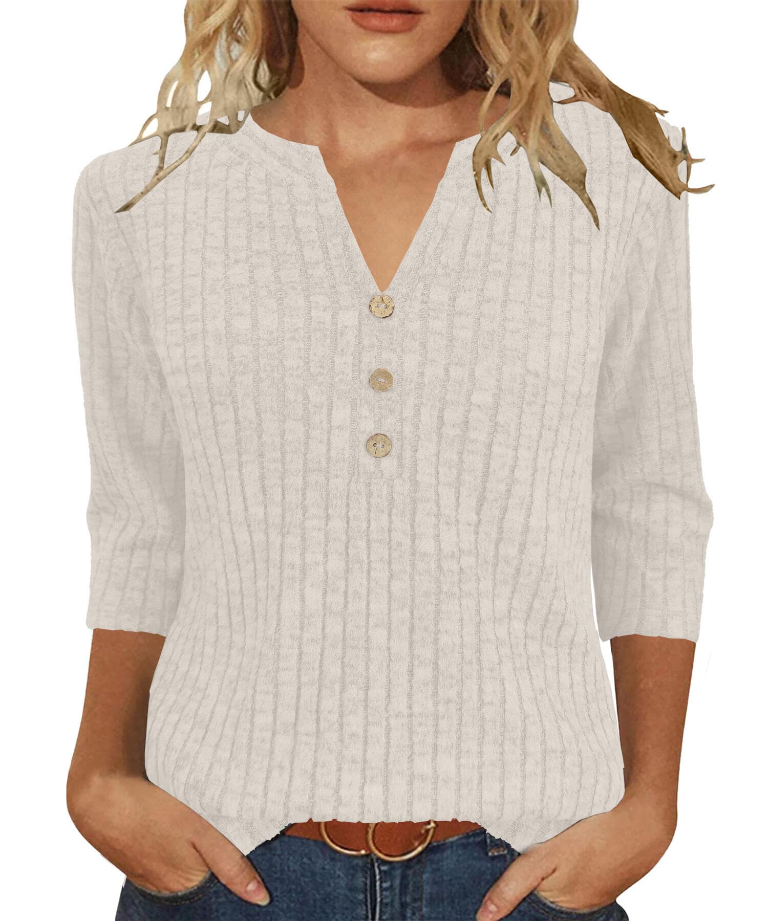 Sweaters for Women 3/4 Sleeve V Neck Shirts Dressy Casual Blouses Loose Fit Tunic Tops