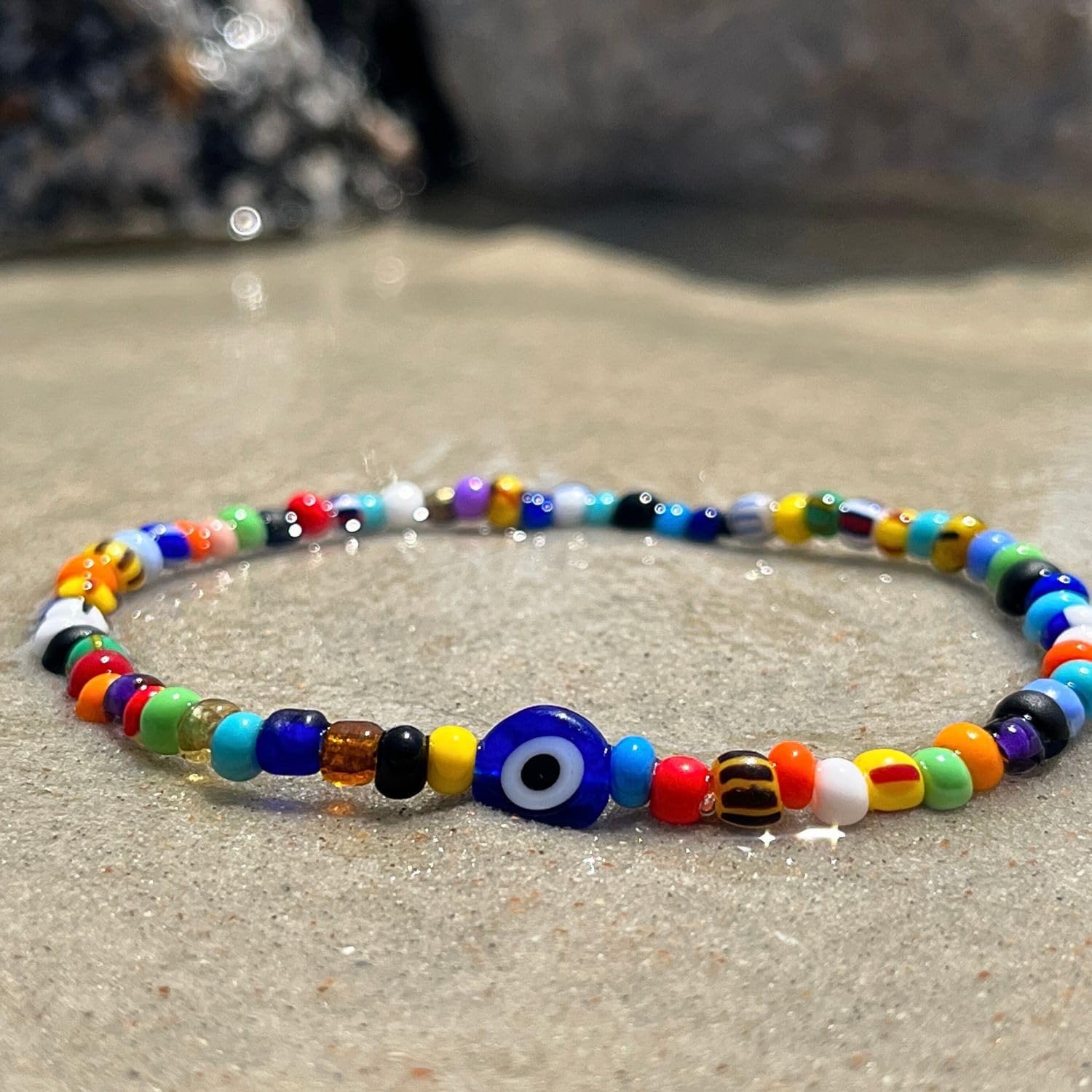 Multicolor Evil Eye Beaded Bracelet - Unisex Stretch Bracelet for Men and Women - vintage Seed Beads Protection Amulet for Good Luck