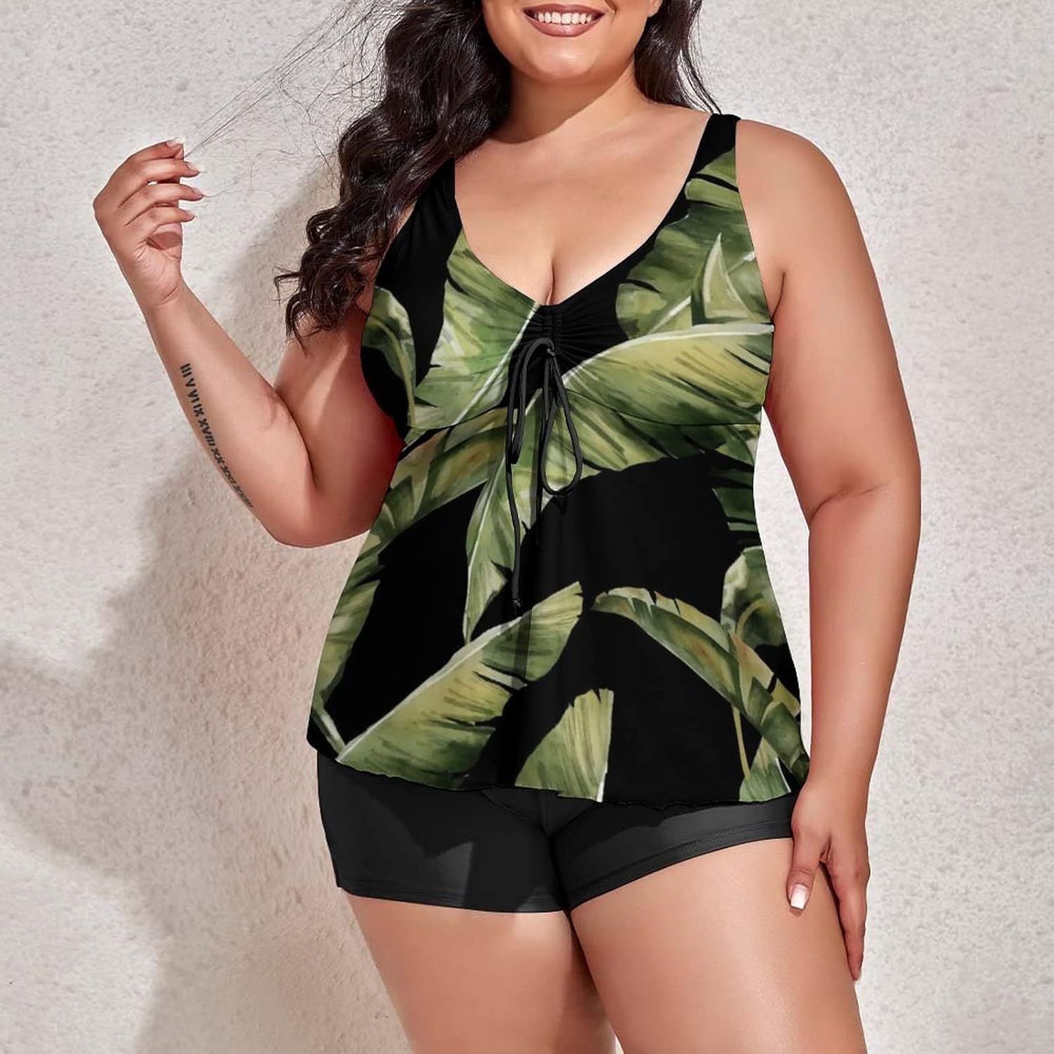 Two Piece Plus Size Tankini Swimsuit for Women Tropical Banana Leaves Bathing Suits with Boyshort Hawaiian Flower Tummy Control Swimwear