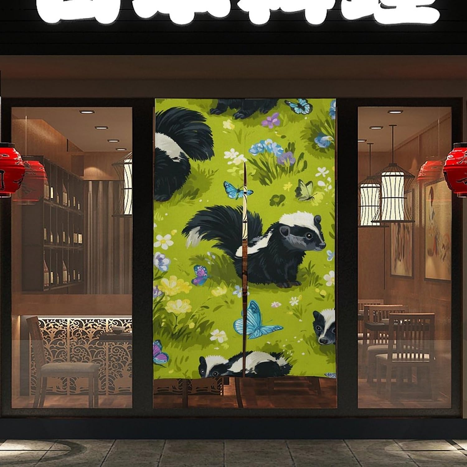 Skunks Grassland Butterflies Doorway Curtain Insulated Room Divider Drapes | white linen,privacy curtains